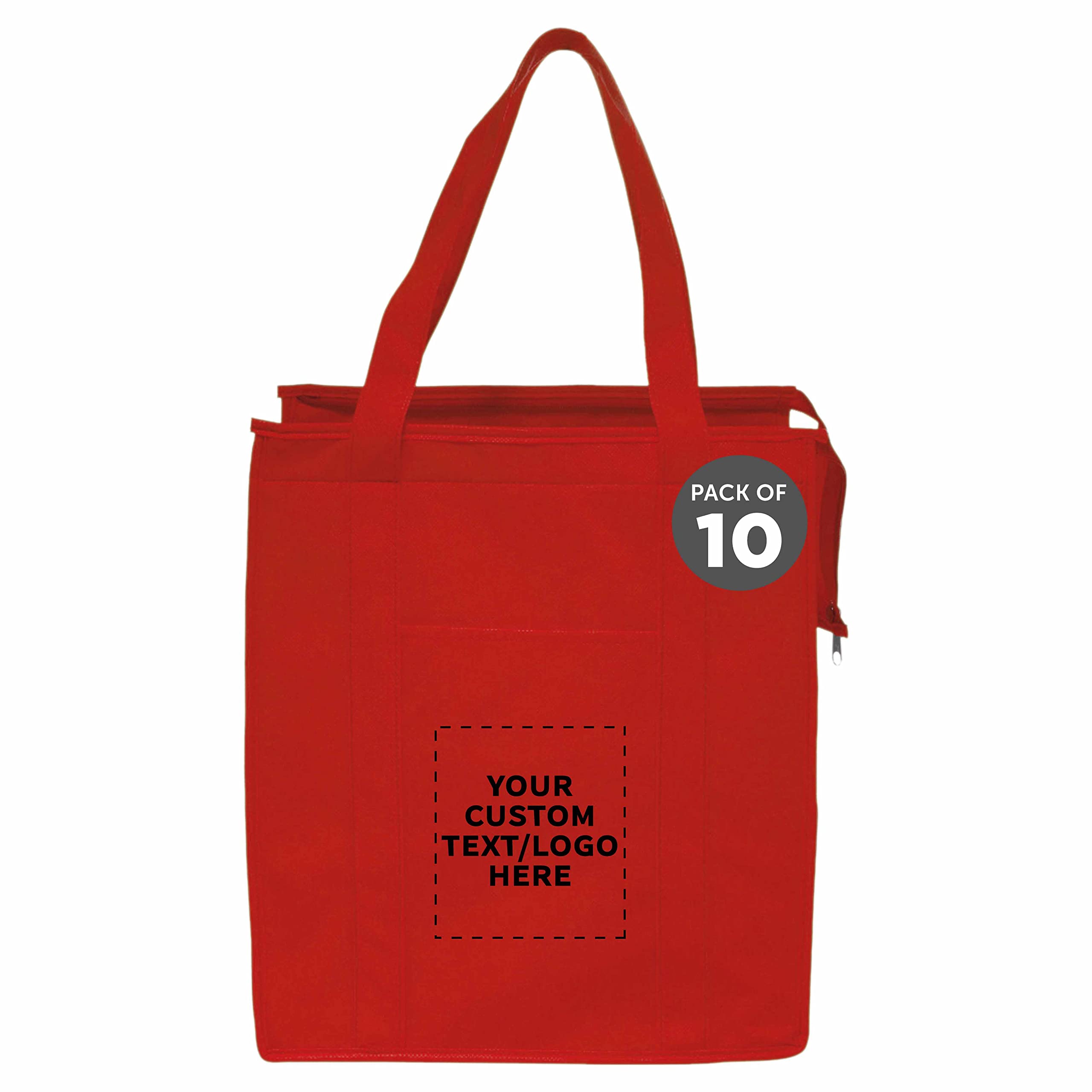 Custom Non-Woven Insulated Tote Bags - Set of 10 Reusable Personalized Bulk Pack - Eco-Friendly Shopping, Picnic, Camping & Beach Essentials - Perfect for Groceries, Outdoor Activities & Corporate Gifts - Red