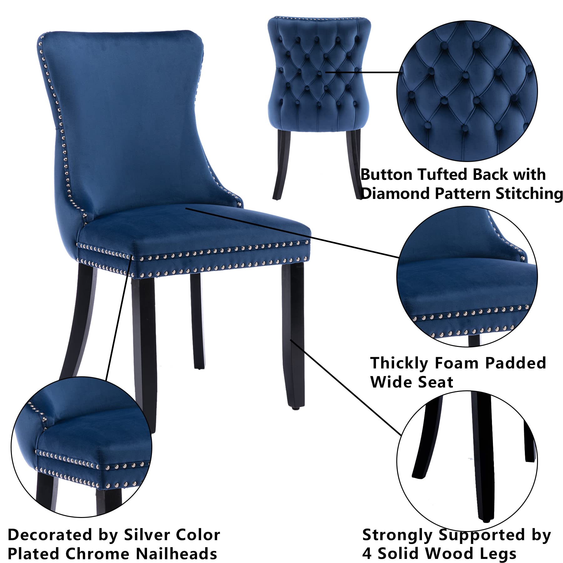 Velvet Upholstered Dining Chairs Set of 2 - Wingback Kitchen Accent Chairs with Solid Wood Legs, Nailhead Trim & Button Tufted Back - Stylish Luxury Blue Upholstery for Dining Room, Living Room & Home Decor