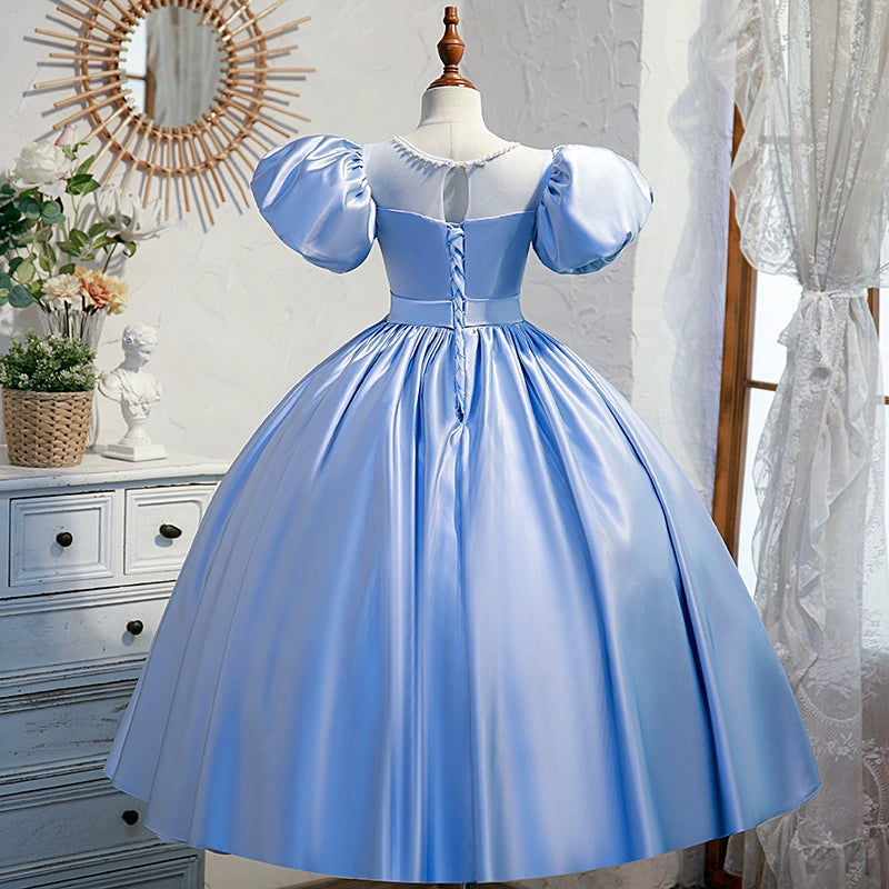 Royal Blue Satin Princess Jewel Neck Floor-Length Flower Girl Dress - Perfect for Weddings, Pageants & Special Occasions