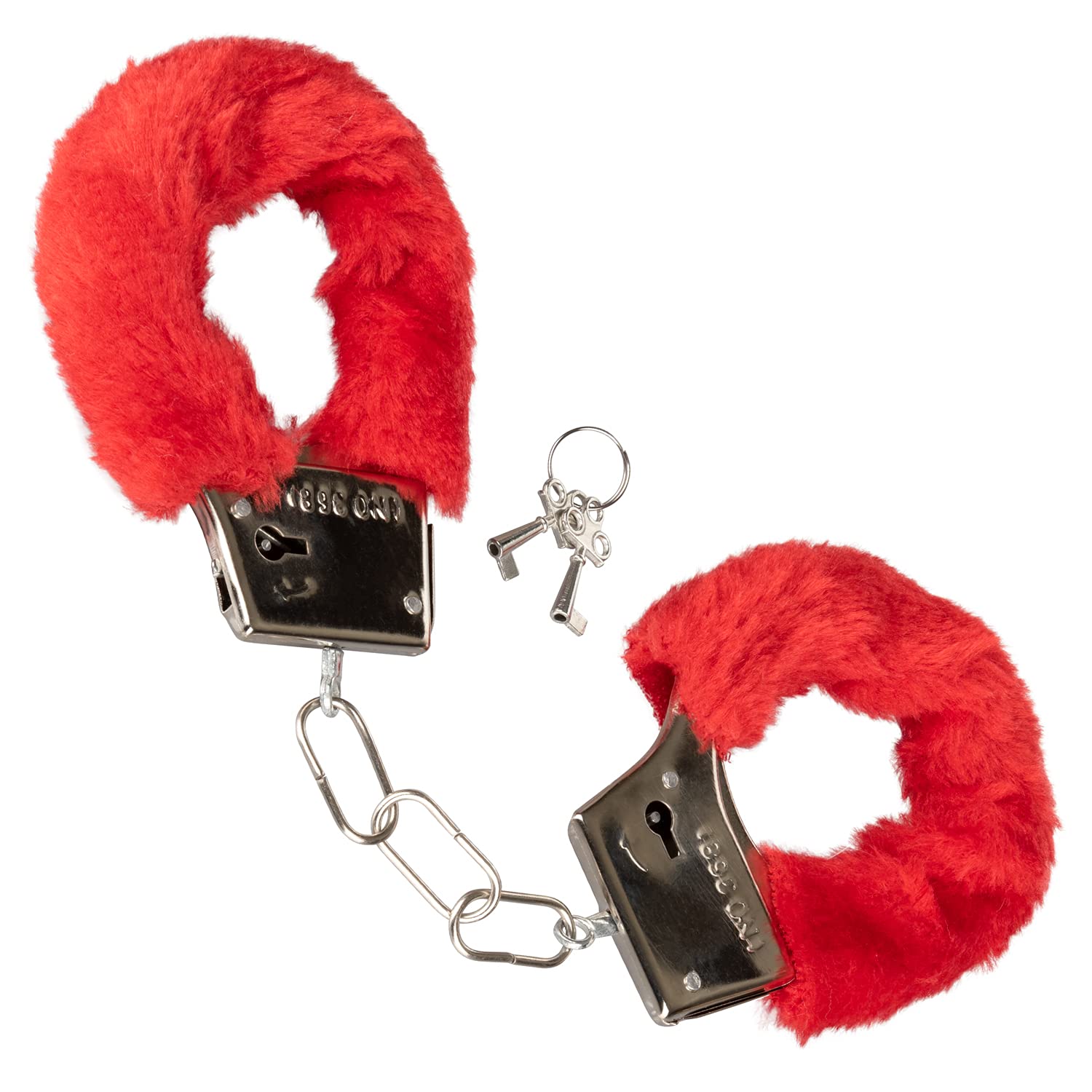 CalExotics Playful Furry Handcuffs in Red - Soft & Fluffy Restraints for Couples Play, BDSM, and Role-Playing Scenes