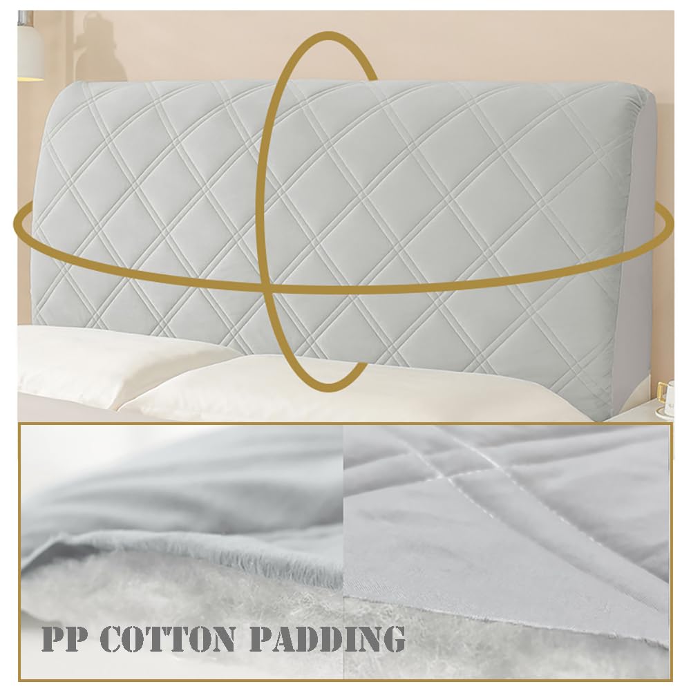 Velvet Bed Headboard Slipcover with Side Storage Pockets - Queen/Full/Twin/Cal King Size - Quilted Thickened Dustproof Headboard Protector Cover (Silver Grey, 200cm) - Perfect for Bedroom Decor & Dust Protection