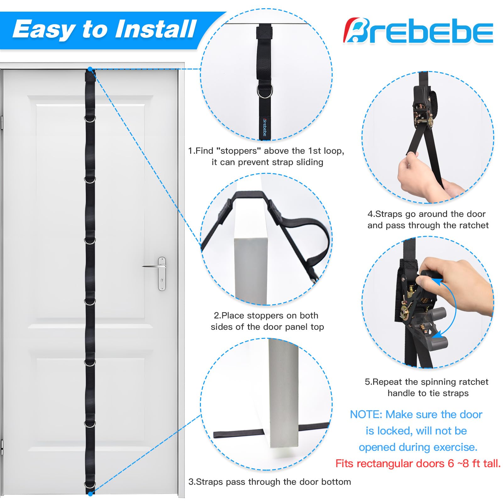 Upgraded Brebebe Resistance Band Door Anchor - 7 Loops & D Rings for Home Gym Workouts, Adjustable Ratchet Strap for Secure Fit - Perfect for Strength Training, Yoga, and Physical Therapy Exercises at Home