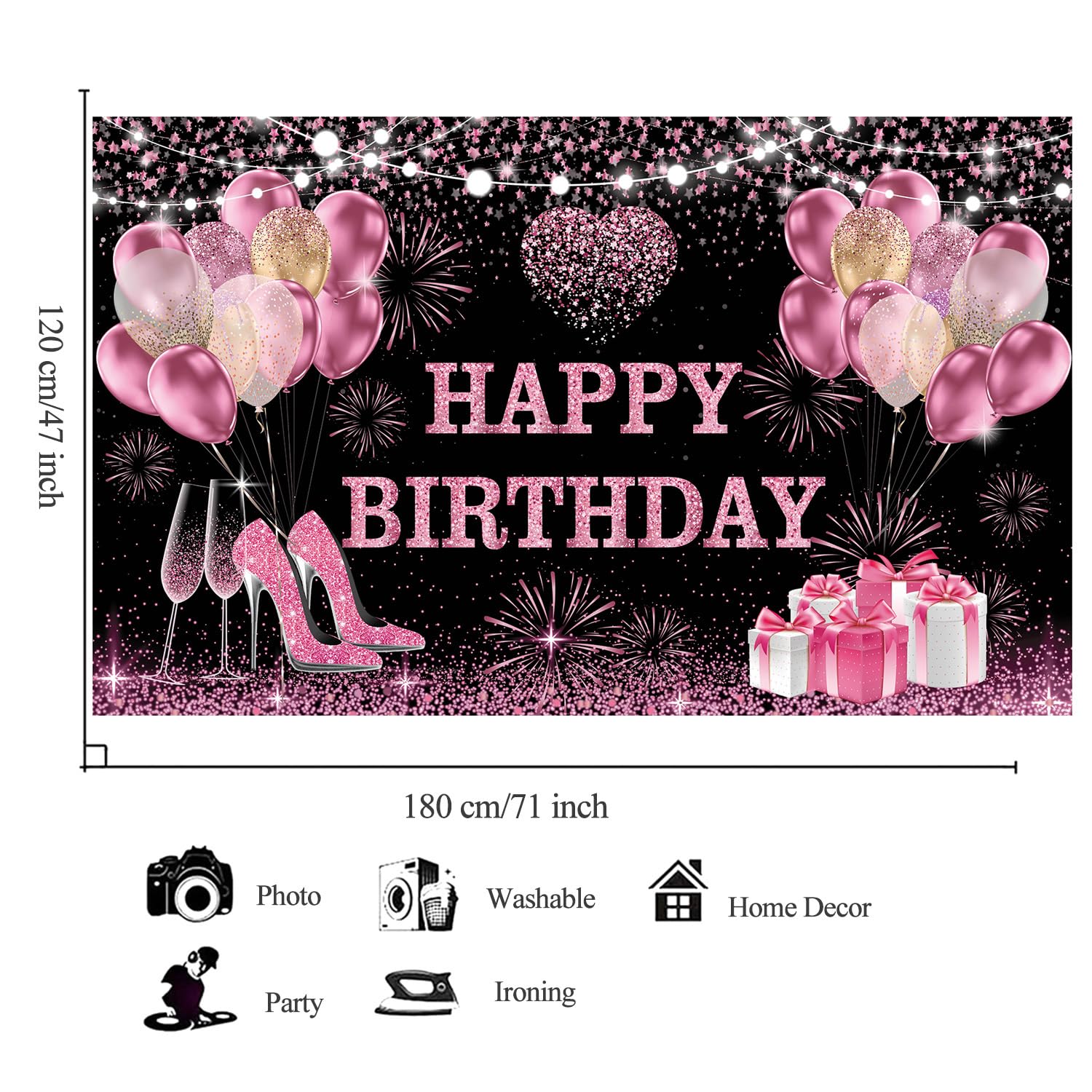 YinQin 180x120cm Pink Gold Happy Birthday Backdrop - 71x47 Inch Glitter Black Rose Photography Background for Women & Girls - Perfect for Birthday Parties, Photo Shoots & Decorations