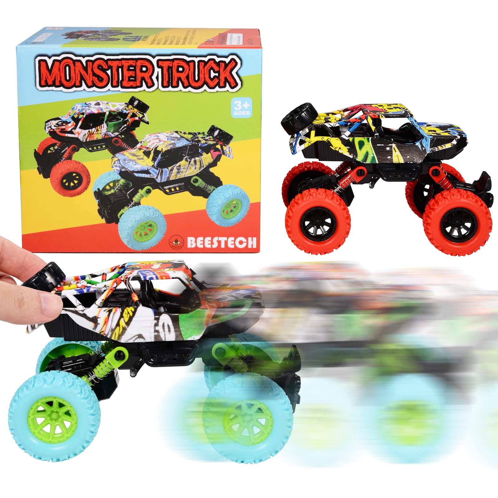 6.3 Inch Pull Back Monster Truck Toys for Boys Ages 3-7 - 2 Pack Friction Powered Vehicle Play Set - Perfect for Indoor Play, Birthday Gifts & Outdoor Adventure Games