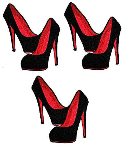 Umama Patch Set of 3 - Black High Heel Embroidered Iron-On Patches for Shoes, Jeans, Jackets & Bags (3.3x3 Inch) - DIY Craft, Decorative Repair & Customization for Fashion Accessories & Gang Style Outfits