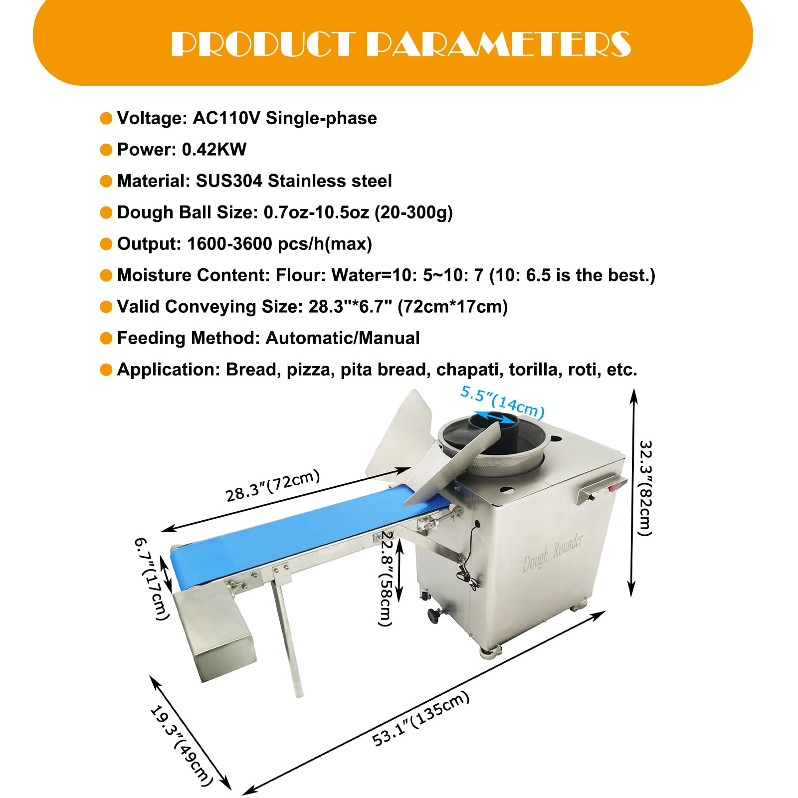 Electric Dough Rounder Machine - 0.7-10.5oz (20-300g) Pizza Dough Ball Maker | Commercial Dough Ball Forming Machine for Bread, Buns & Pastries | 1600-3600pcs/h, 110V | Perfect for Bakeries, Pizzerias & Food Production