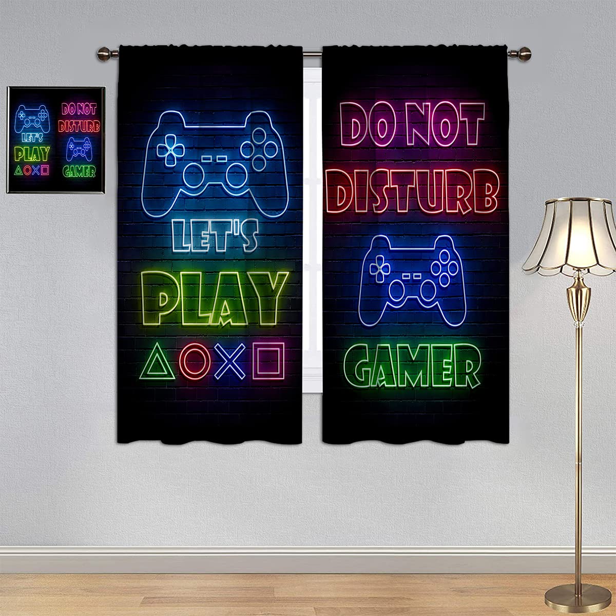 GY Gamepad Gamer Curtains - Thermal Insulated Blackout Curtains with Video Game Controller & Neon Sign Design, 72x63 Inch, Rod Pocket Window Drapes - Perfect for Gaming Rooms, Bedrooms & Home Theaters
