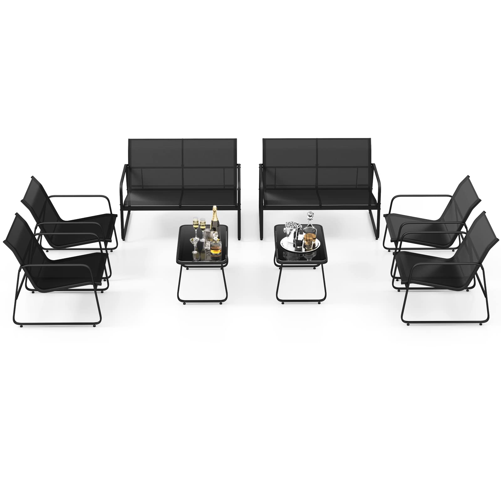 Tangkula 8-Piece Outdoor Patio Furniture Set with Tempered Glass Coffee Table - Black Rustproof Metal Frame & Breathable Fabric - Perfect for Garden, Porch, Backyard & Poolside Relaxation