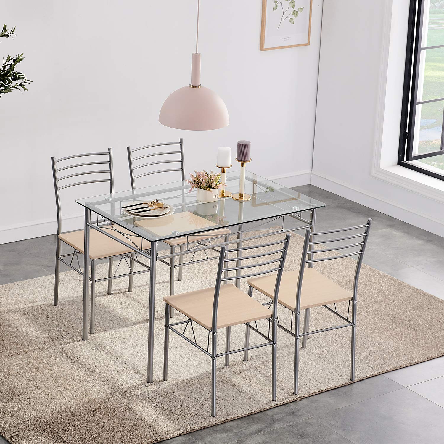 VECELO 5-Piece Space Saving Kitchen Dining Table and Chairs Set - Compact Dinette for Small Spaces, Silver | Perfect for Apartments, Breakfast Nooks & Cozy Kitchens