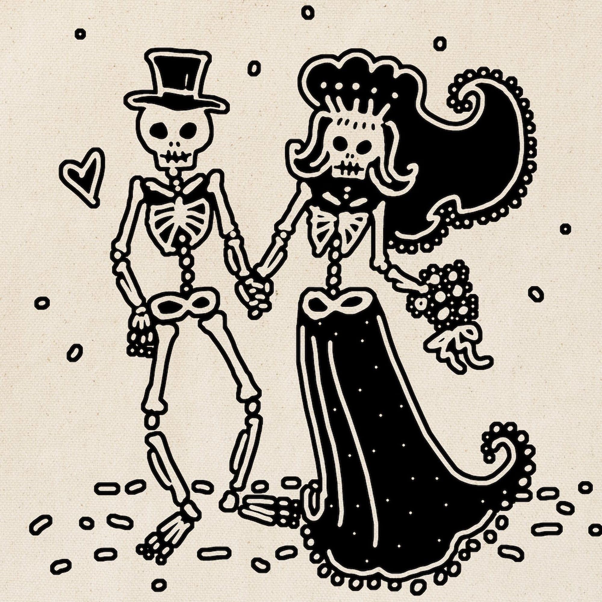 Skeleton Bride and Groom Tote Bag - Natural Canvas Reusable Shopping Bag for Groceries, Beach, and Halloween Parties | Funny Couple Gift Idea