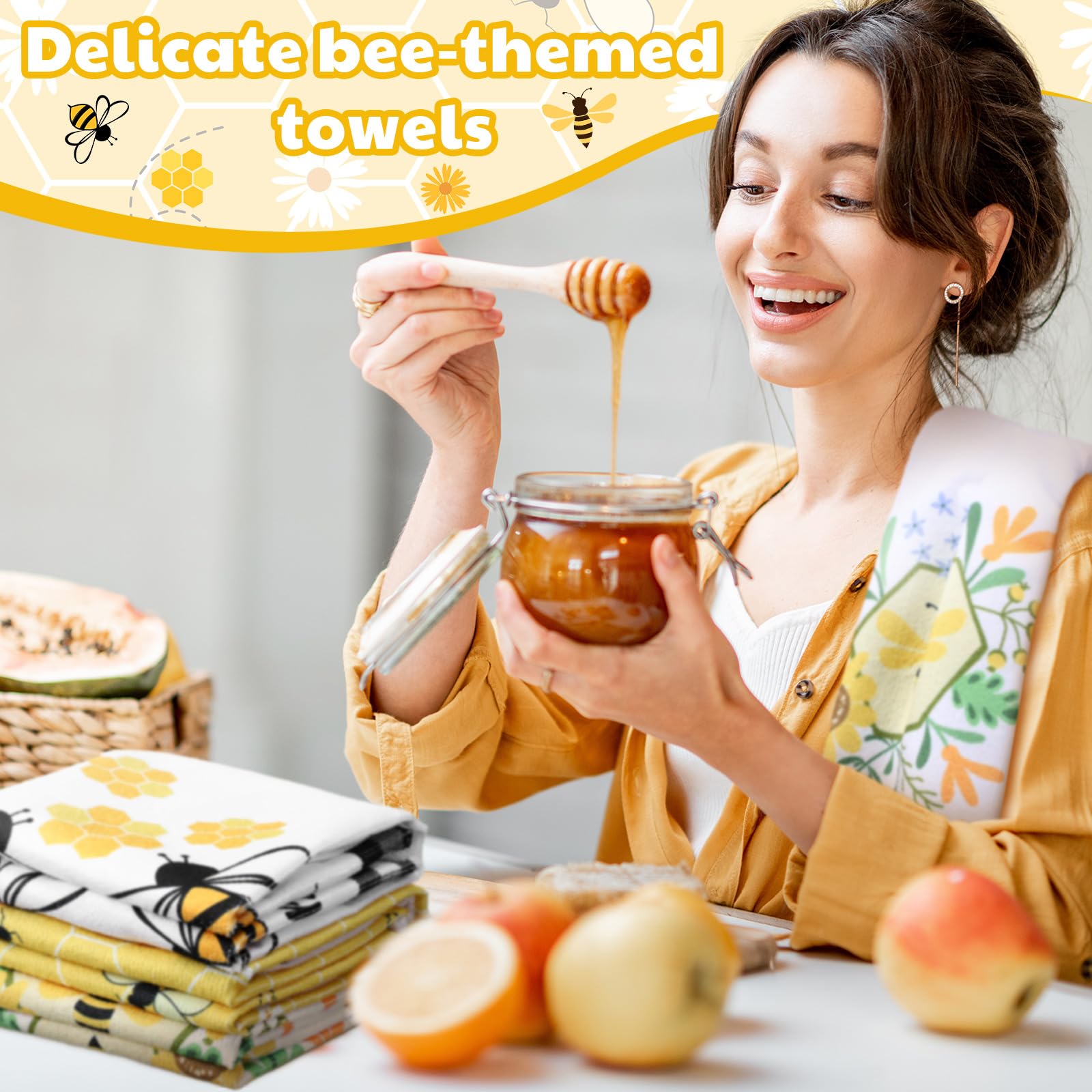 Oudain 6-Pack Honey Bee Kitchen Towels - 15.8x23.6 Inch Absorbent Dish Cloths & Tea Towels - Cute Bee-Themed Home Decor for Kitchen, Bathroom - Perfect Housewarming Gift for Bee Lovers (Use for Drying Dishes, Decorating Farmhouse Kitchen, Hostess Gifts)