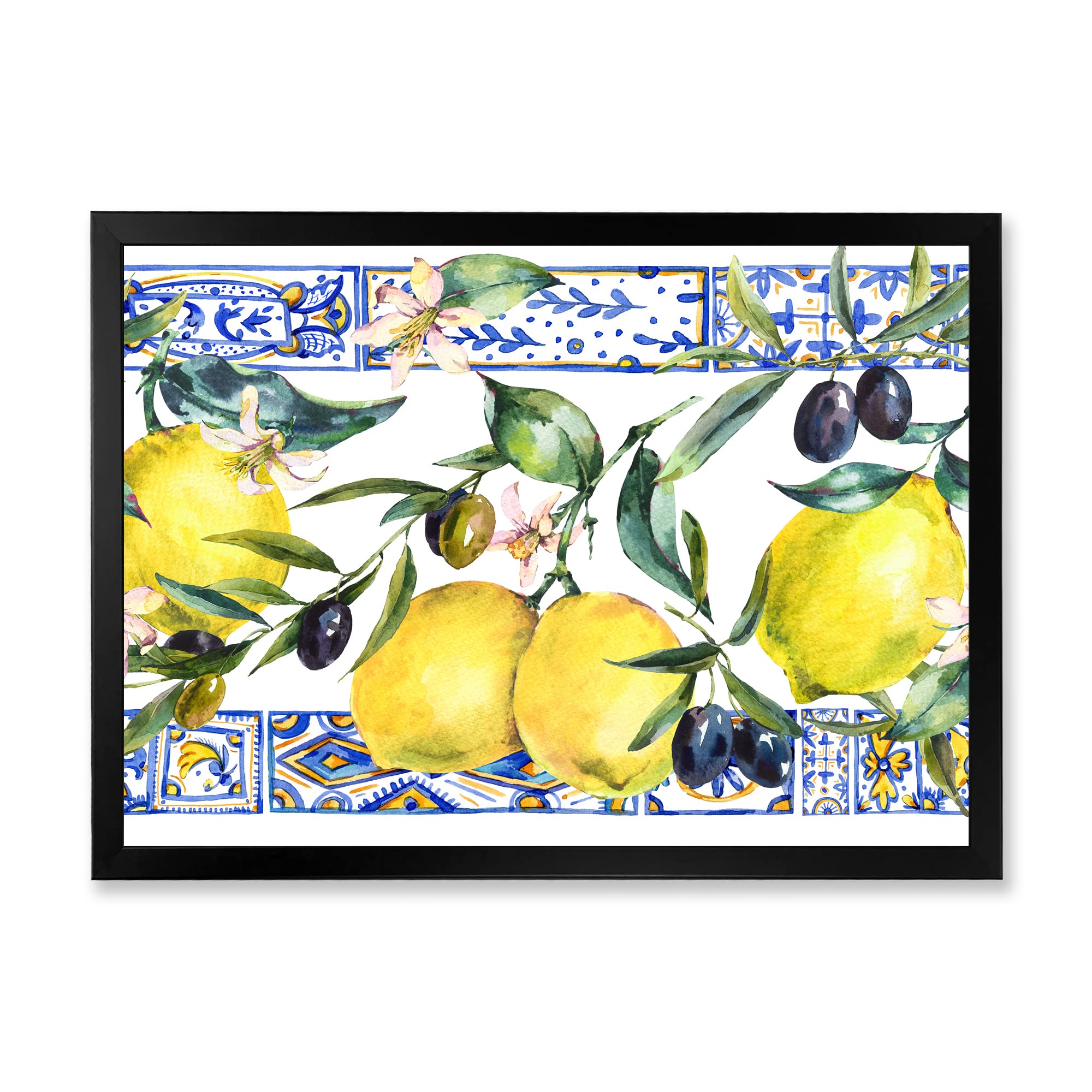 DesignQ Lemon Ornament on Blue Geometric Pattern II Tropical Framed Wall Art - Perfect for Kitchen, Dining Room & Beach House Decor