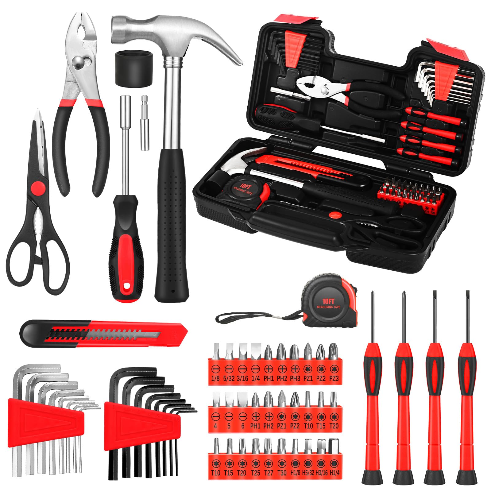 58-Piece Home Repair Tool Set with Plastic Toolbox - Essential Hand Tools for Household, Office & College Repairs - Perfect for Women & DIY Beginners - Great for Fixing Furniture, Electronics & Small Projects (Red)