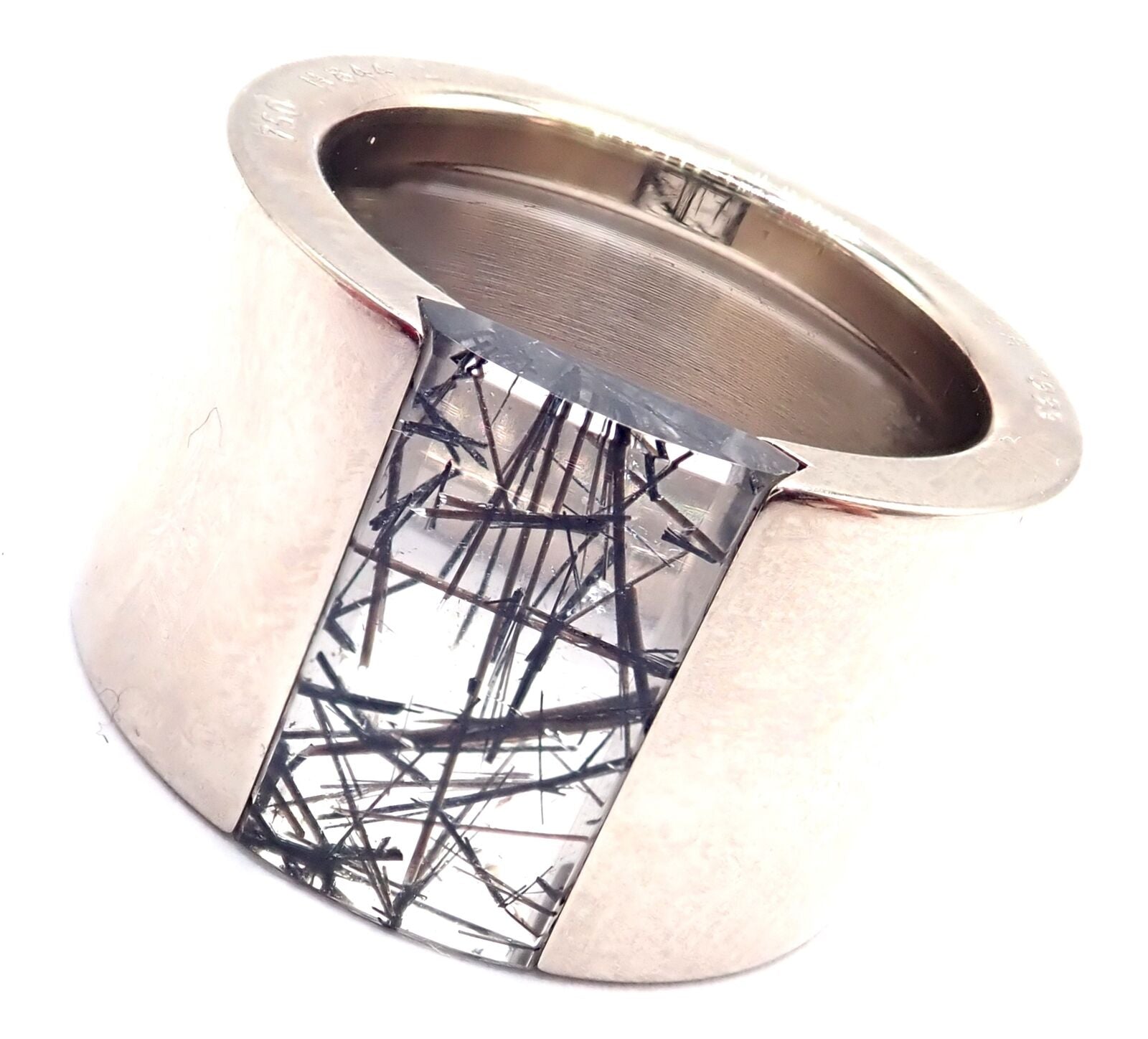 Authentic Cartier 18k White Gold Rutilated Quartz Wide Band Ring Size 7 (US) - Luxury Wedding Jewelry & Anniversary Gift for Women