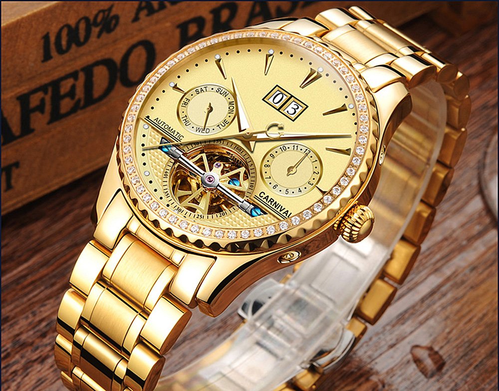 Luxury PASOY Men's Automatic Mechanical Tourbillon Watch - Stainless Steel Case, Blue Dial with Date & Diamond Markers (Gold) - Perfect for Business, Formal Events & Gift Giving