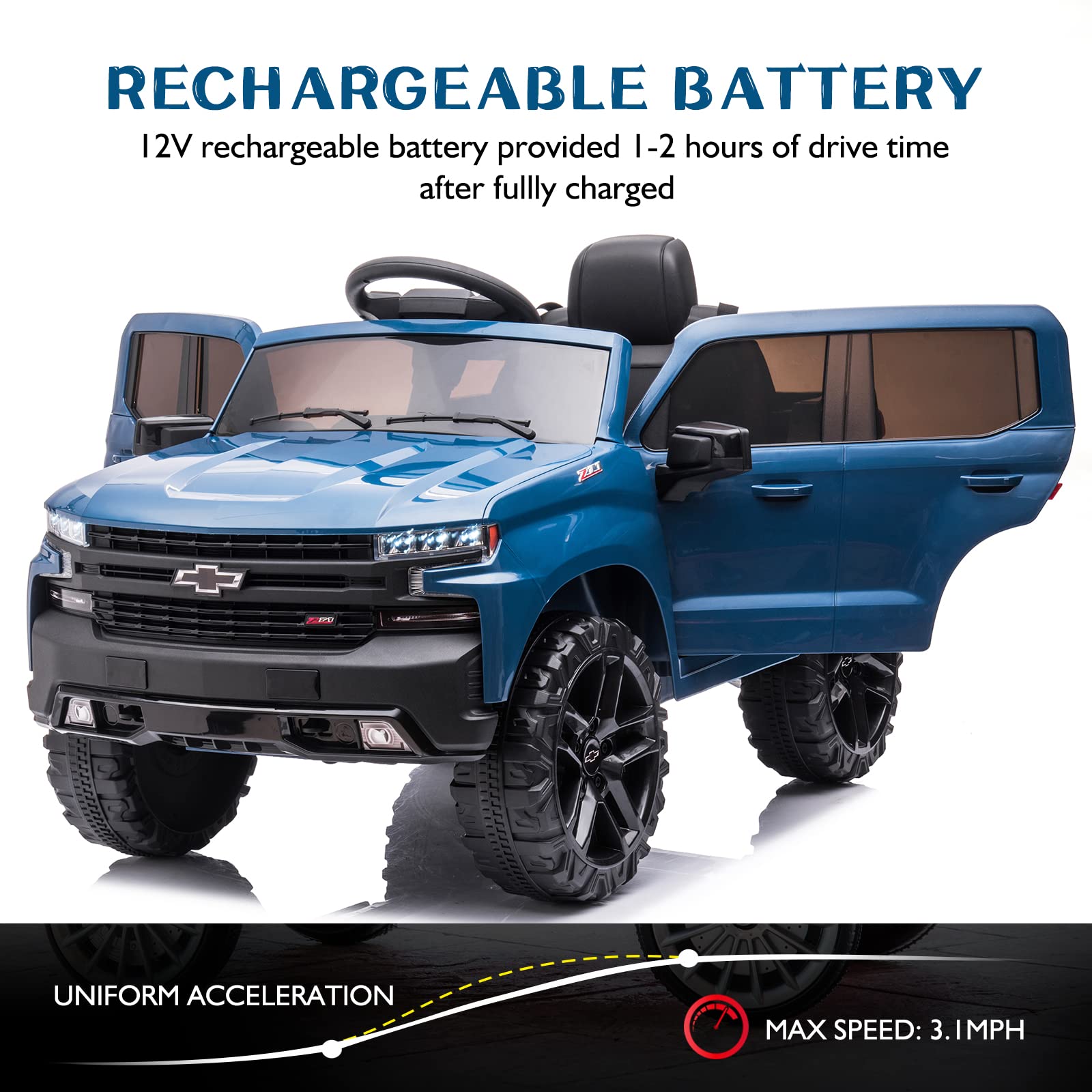 12V Licensed Chevy Silverado Kids Ride On Car - Remote Control Electric Vehicle Toy with 4-Wheeler Suspension, Music & LED Lights, 3 Speed Settings (Blue) | Perfect for Outdoor Play, Birthday Gifts & Family Fun Activities