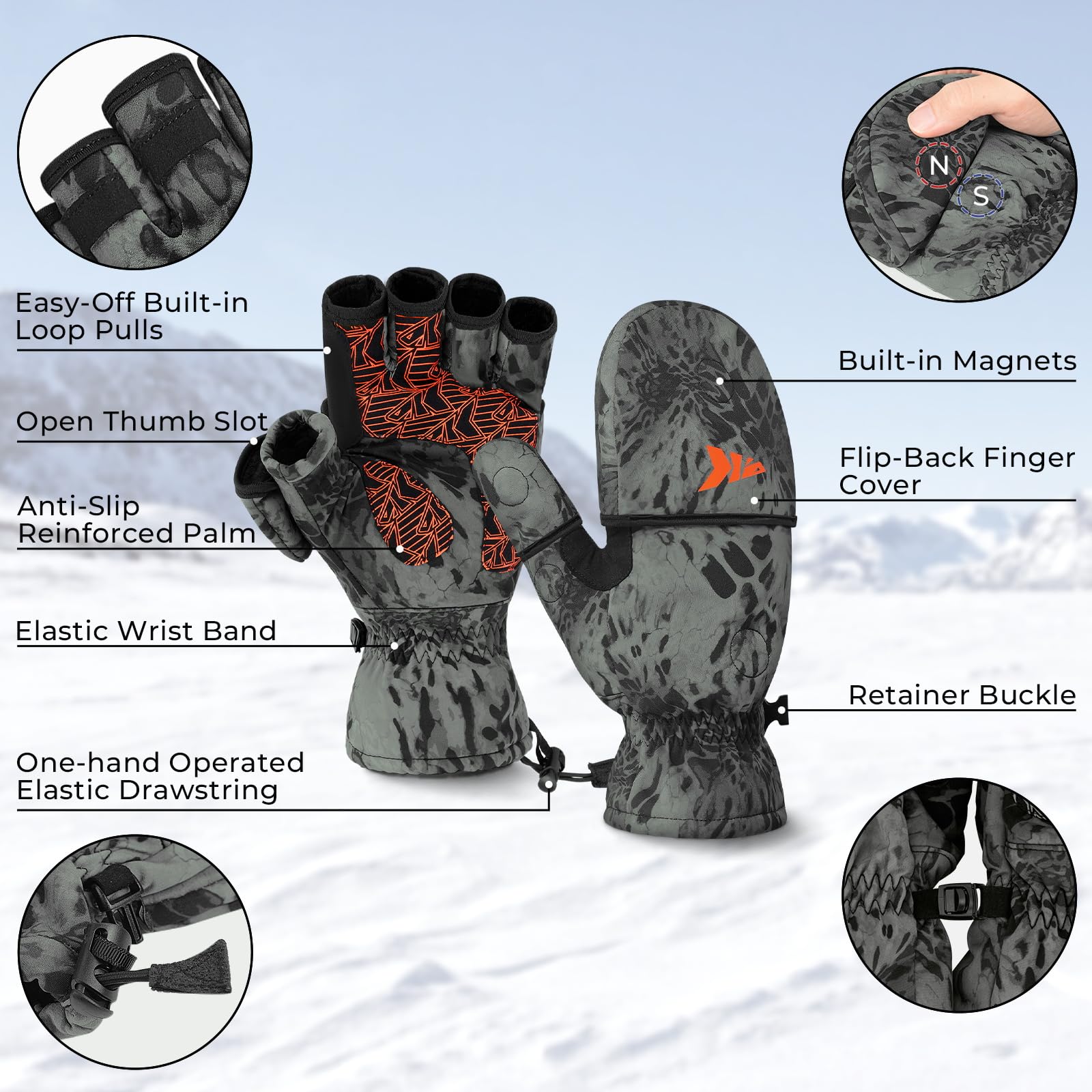 **KastKing PolarBlast Ice Fishing Gloves – Convertible Mittens with 3M Thinsulate for Extreme Cold Weather – Winter Fingerless Gloves for Ice Fishing, Photography & Outdoor Activities**