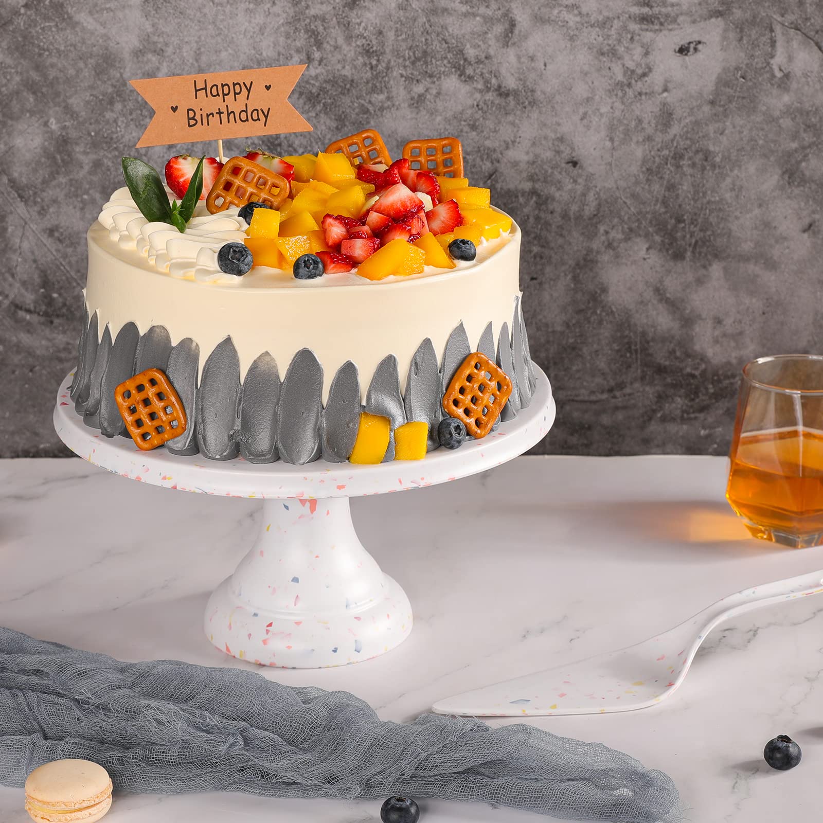 9.84 Inch Round Marble Cake Stand with Spatula - Bamboo Fiber Dessert Display Plate for Cupcakes, Cookies, Candies - Perfect for Birthday Parties, Weddings, Baby Showers & Events - Elegant Serving Tray for Home, Bakery & Catering Services