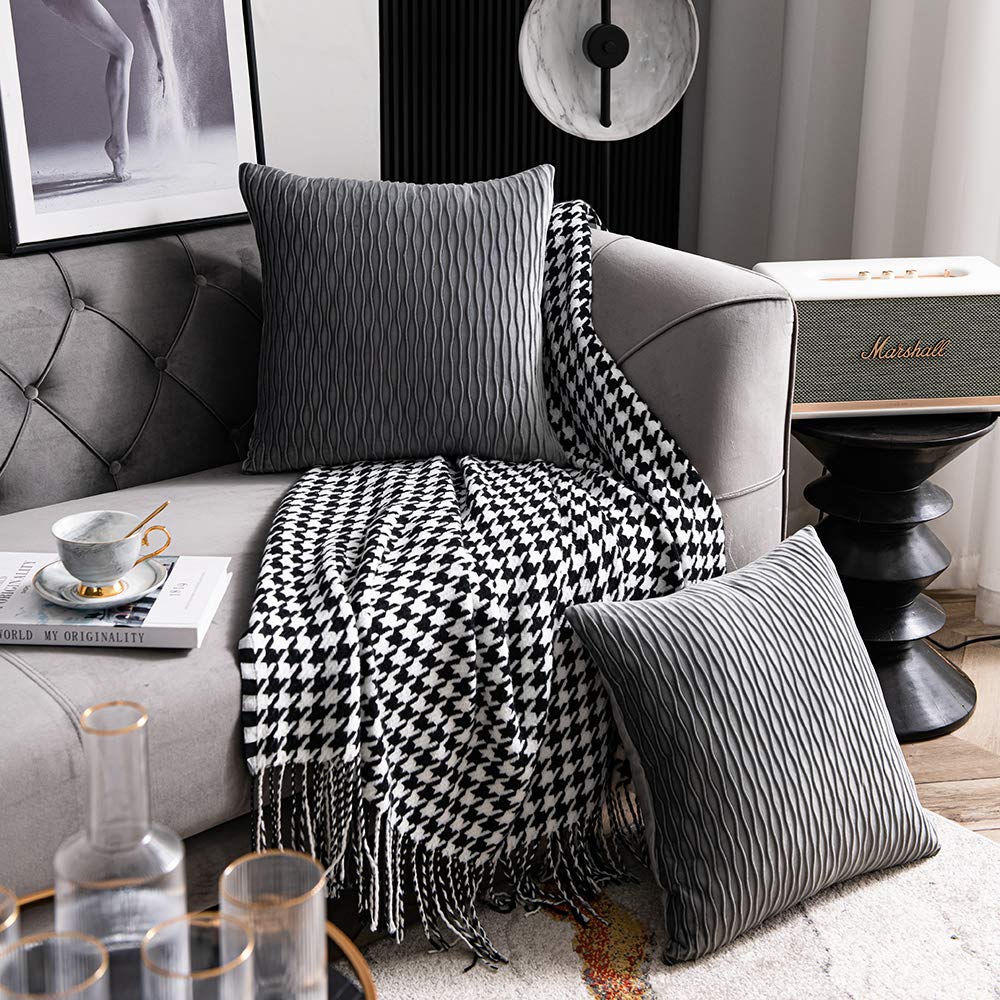 DEZENE Grey Striped Velvet Pillow Covers - Set of 2 (20x20 Inches) Farmhouse Decorative Throw Pillow Cases for Sofa, Couch & Bed - Perfect for Living Room, Bedroom & Home Decor