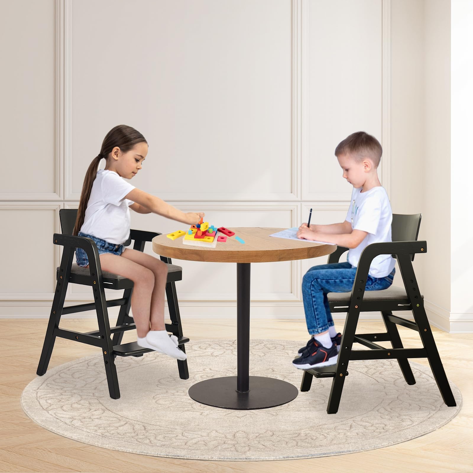 **Adjustable Wooden High Chair for Babies & Toddlers - Kids Dining Chair with Removable Cushion - Safe & Sturdy Toddler Counter Chair for Mealtime, Study & Play (Black)**