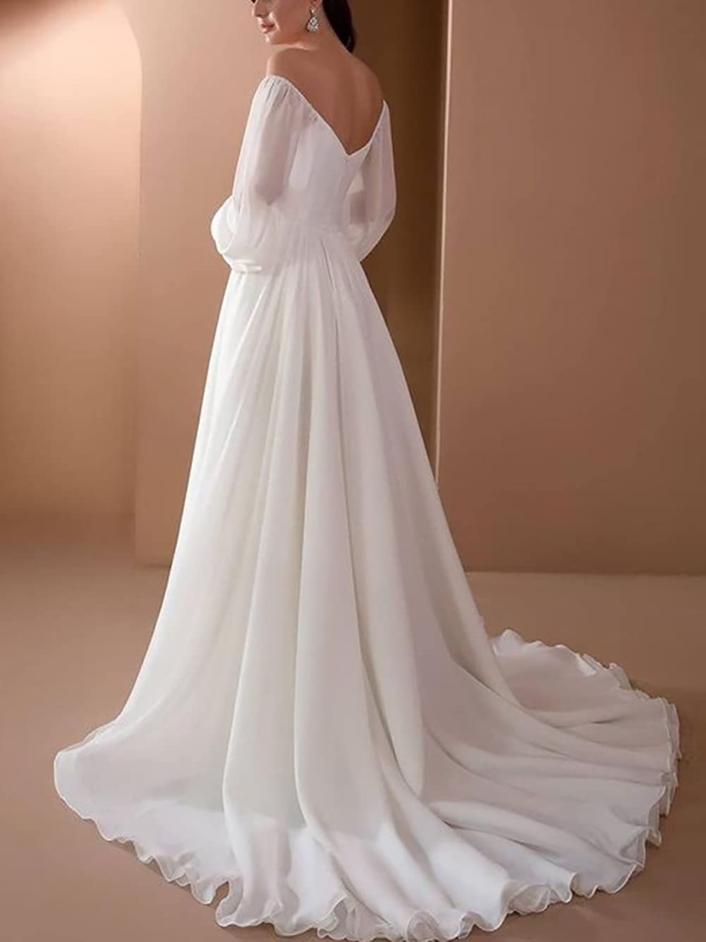 Elegant Off Shoulder Puffy Sleeves Wedding Dress - Simple Chiffon Bride Gown for Women | Perfect for Beach, Church & Garden Weddings