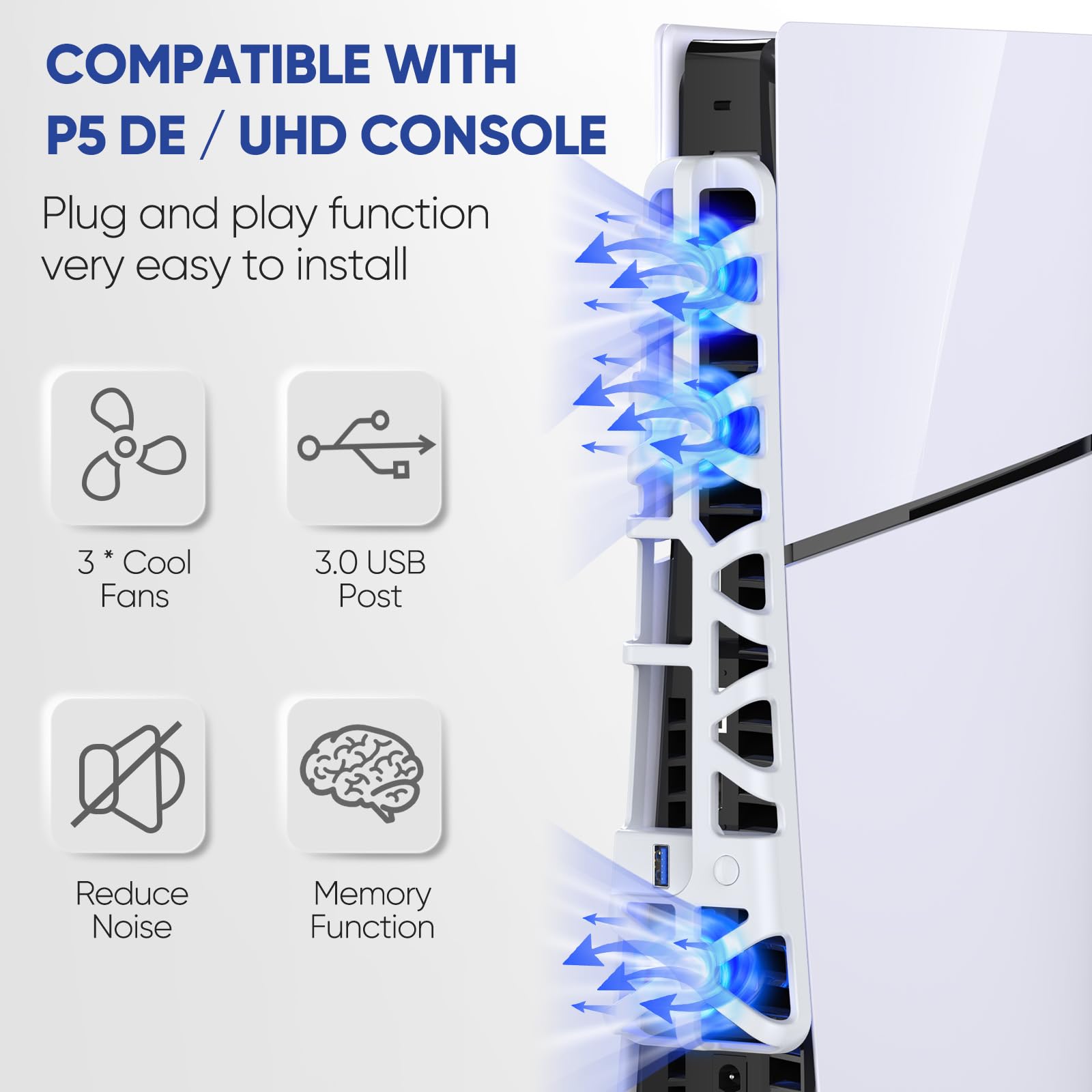 PS5 Slim Cooling Fan with Adjustable Speed - 3 Speed Modes, Ultra Quiet, Auto On/Off, USB 3.0 Port & LED Light - Powerful Cooling System for PS5 Disc/Digital Edition - Perfect for Gaming, Streaming & Long Play Sessions