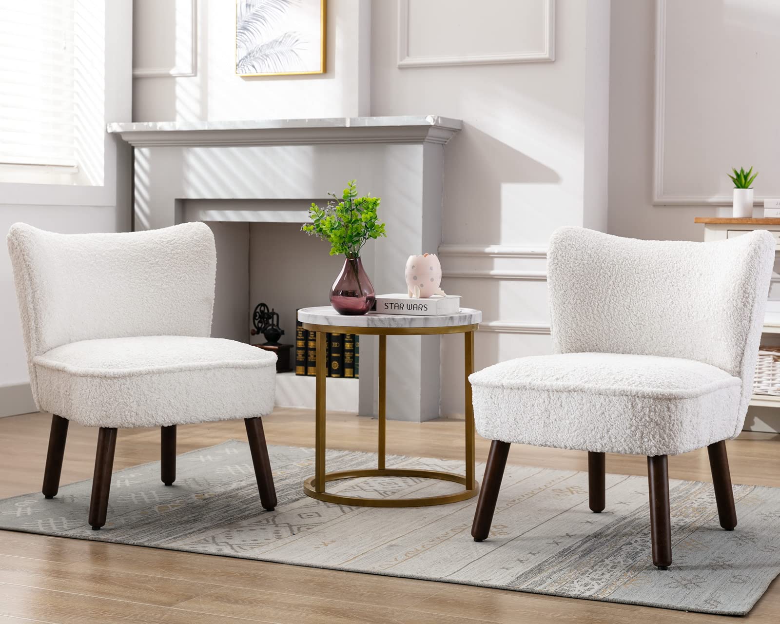 CIMOTA Sherpa Accent Chairs Set of 2 - Fuzzy Armless Slipper Chairs with Solid Wood Legs, Wingback Design for Living Room, Bedroom, Office - Cozy Furry Corner Chairs for Relaxing, Reading & Decor (White Fur)