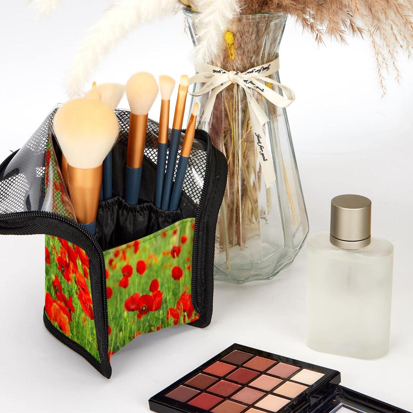 12-Piece Makeup Brush Organizer Bag with Portable Holder Case - Red Poppies Field Design for Travel & Home Storage | Perfect Cosmetic Brush Set for Professional Artists & Beginners