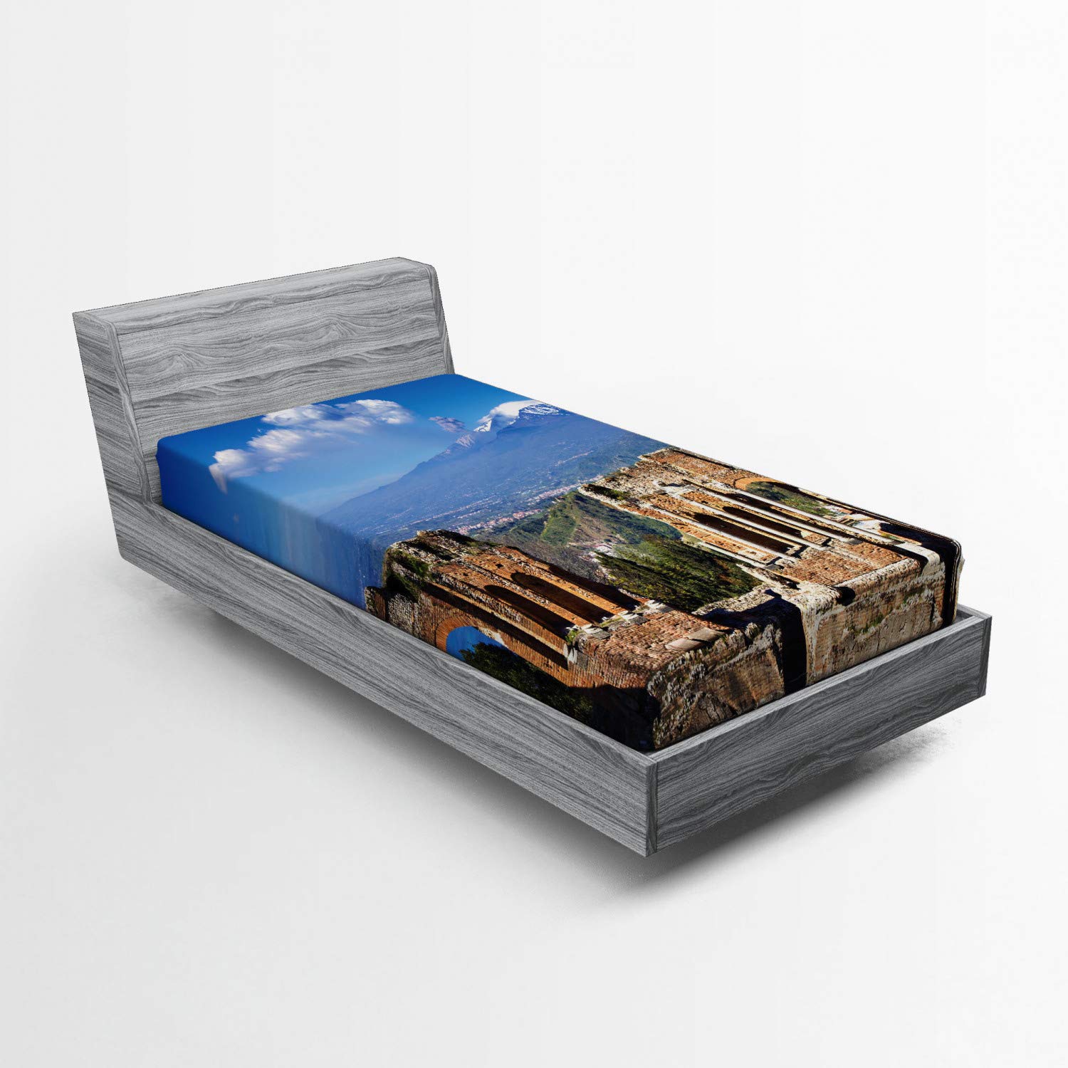 Ambesonne Sicily Fitted Sheet - Greek Roman Theater Ruins with Mount Etna Eruption Landscape - Twin Size Deep Pocket Bed Cover - Travel Inspired Home Decor for Guest Rooms & Vacation Rentals