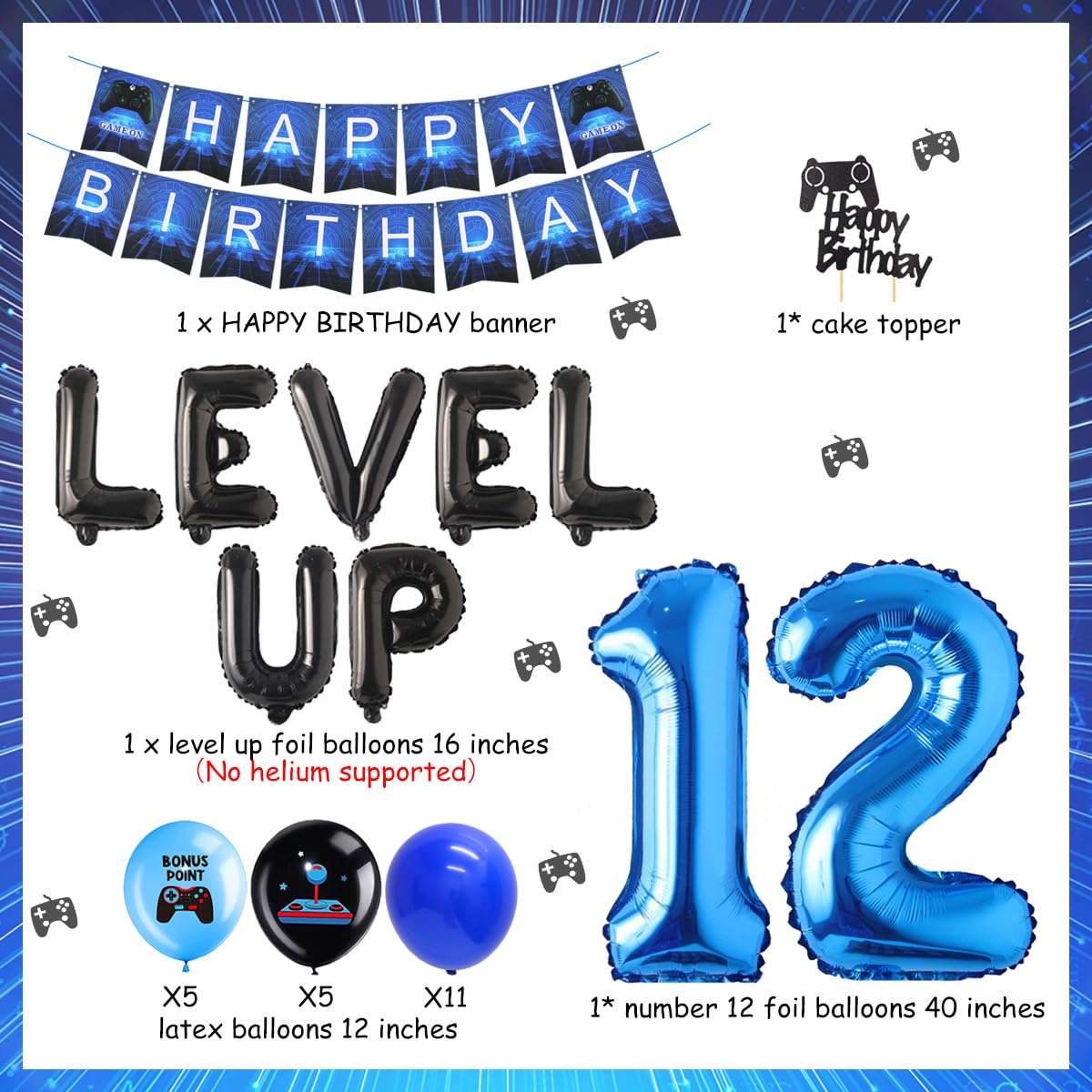 Kreatwow 12th Birthday Party Decorations - Video Game Themed Blue Party Supplies for 12 Year Olds with Controller Balloons, Cake Topper & Banner | Perfect for Boys & Girls Gaming Birthday Celebrations at Home or School