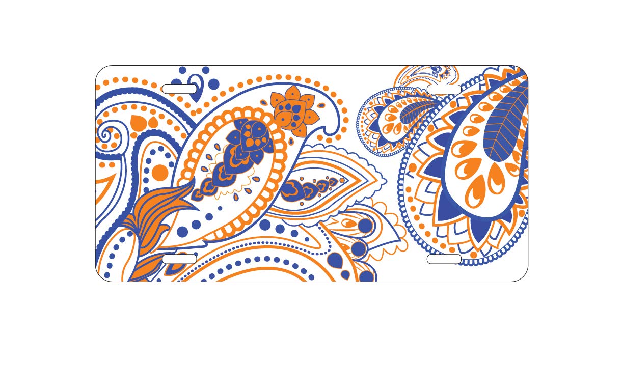 Custom Aluminum Vanity License Plate for Cars - Personalized Orange & Blue Paisley Design - Front Bumper Decorative Auto Accessory for Cars, Trucks, SUVs - Perfect for Gifts, Car Shows & Personalization