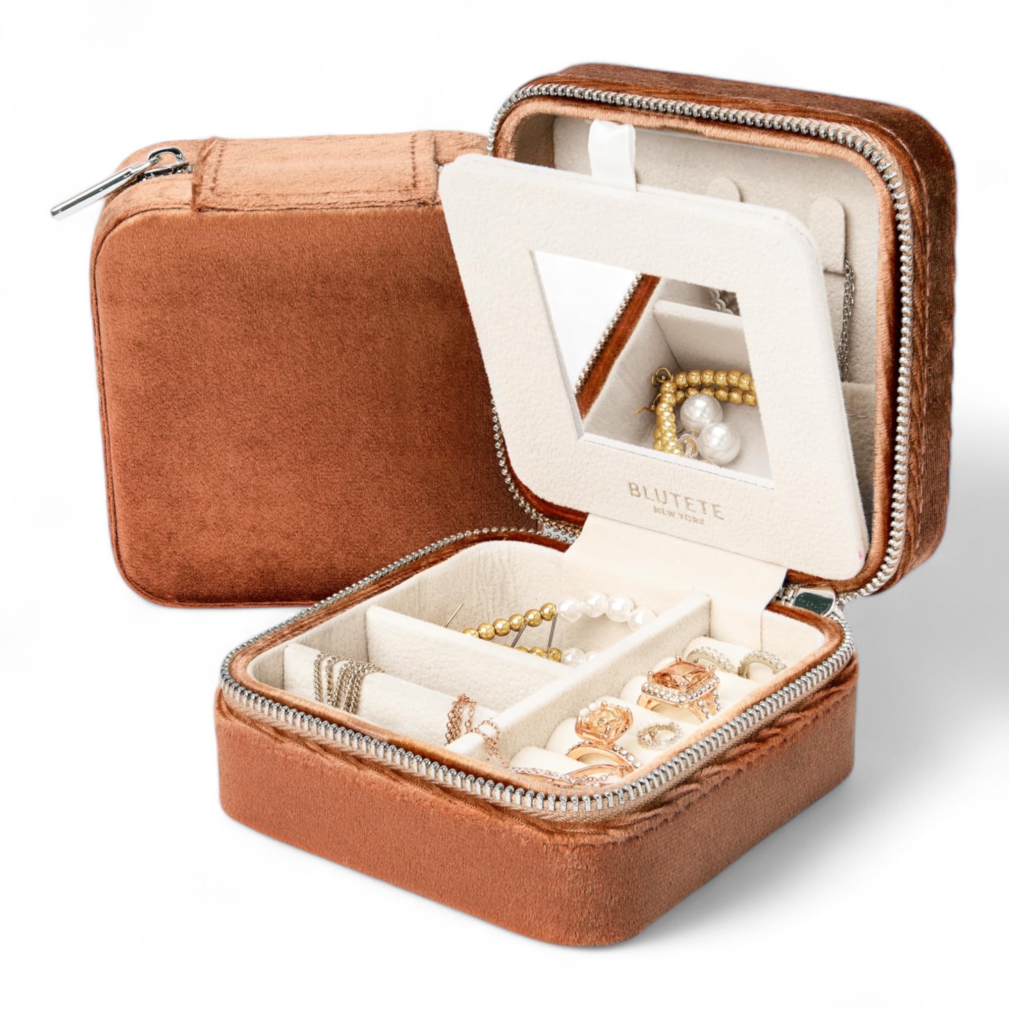 BLUTETE Velvet Travel Jewelry Organizer Box with Mirror - Portable Jewelry Case for Rings, Earrings & Necklaces - Compact Jewelry Storage for Women - Perfect for Travel, Vacation & Daily Use (Camel Brown)
