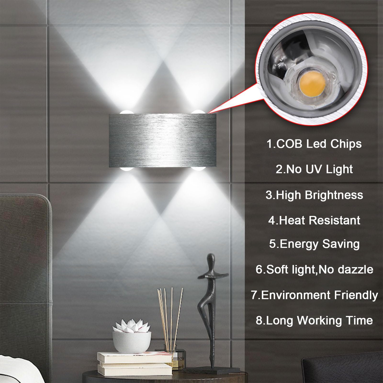 Lightess 2 Pack LED Wall Sconces - Up & Down Lighting for Living Room, Bedroom & Hallway - Brushed Aluminum & Chrome Finish - Cool White (Perfect for Staircase Lighting & Modern Interior Decor)