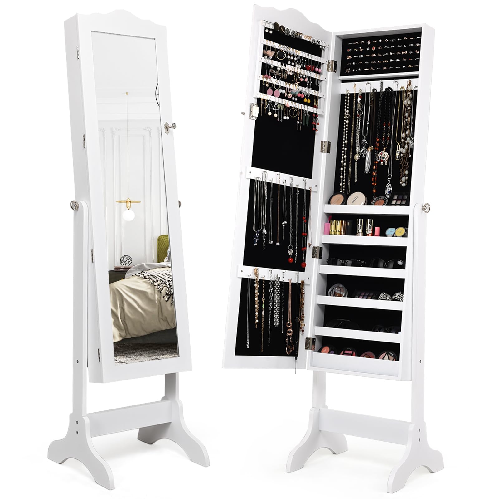 Byroce Freestanding Jewelry Armoire with Full-Length Mirror - Lockable Jewelry Organizer Cabinet with 4 Adjustable Angles, Large Capacity Jewelry Storage for Women & Girls (White) | Perfect for Bedroom, Closet & Dressing Room Organization