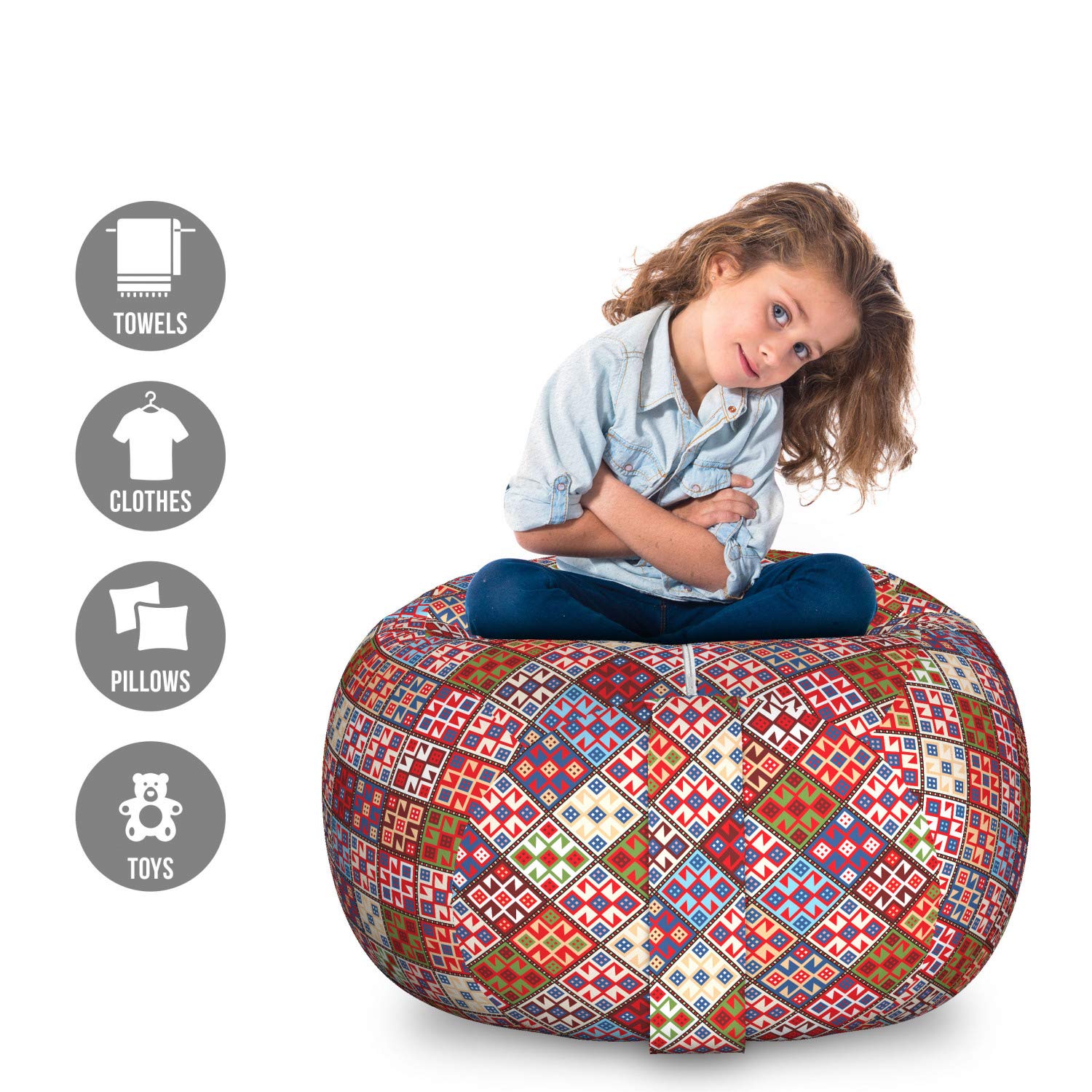 Ambesonne Colorful Storage Toy Bag Chair - Large Washable Stuffed Animal Organizer with Unique Nomadic Rug Pattern | Perfect for Kids' Room, Playroom & Nursery Organization | Multicolor