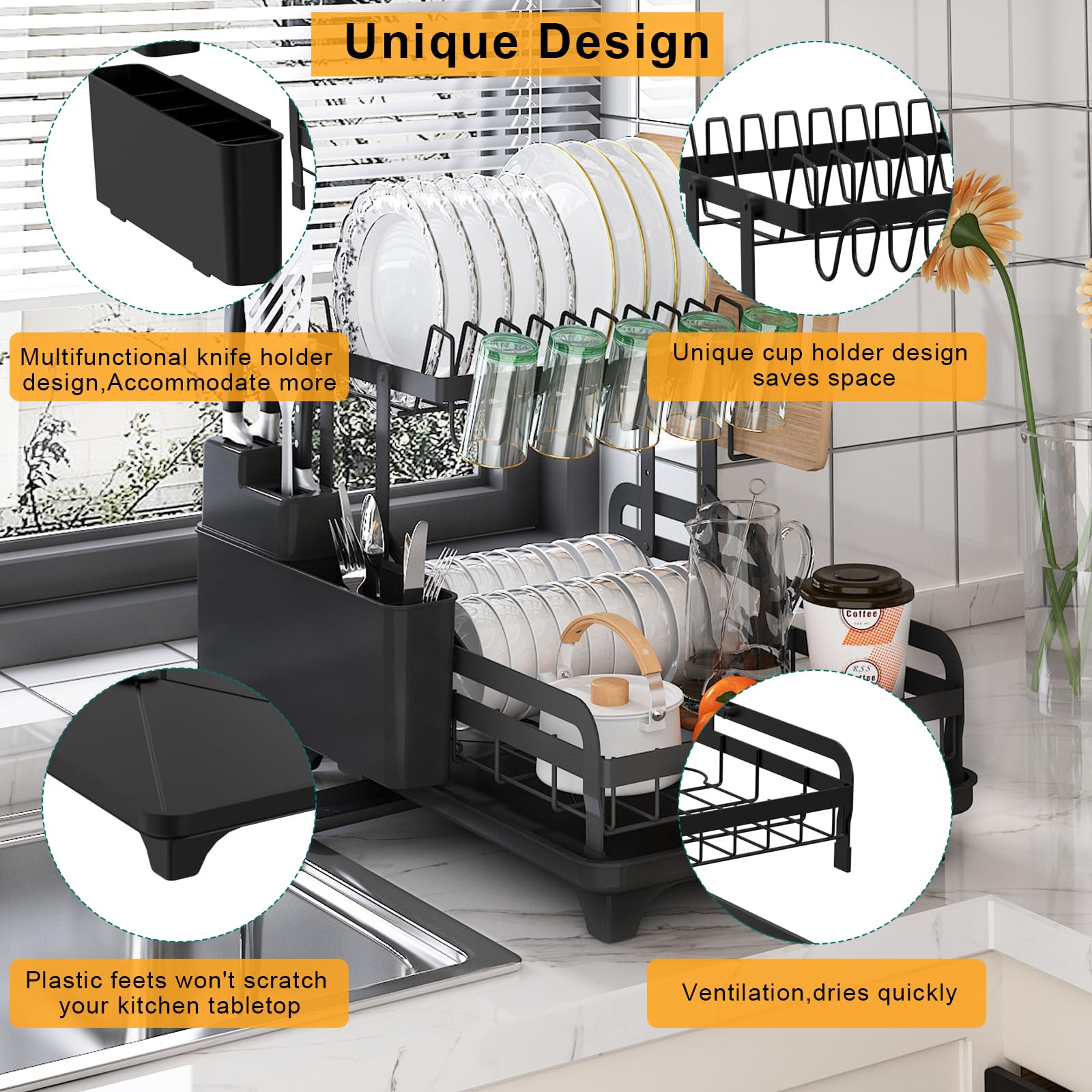 2-Tier Stainless Steel Dish Drying Rack for Kitchen Counter - No Installation Needed with Drain Board - Space Saving Dish Organizer for Small Apartments - Perfect for Drying Plates, Cups & Utensils After Washing