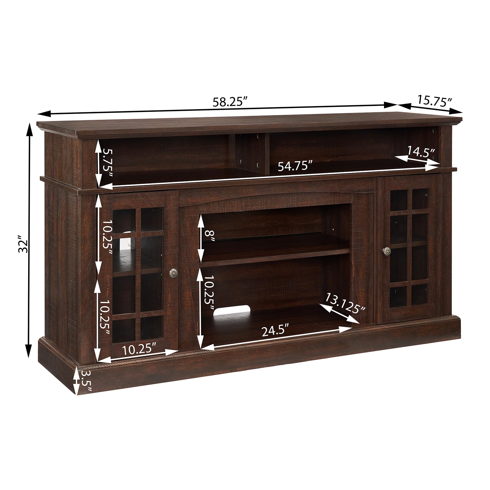 Modern Farmhouse Fireplace TV Stand with Glass Door Cabinets - 65 Inch Media Entertainment Center Console Table with 2 Open Shelves - Espresso Finish for Living Room, Bedroom & Home Theater Setup