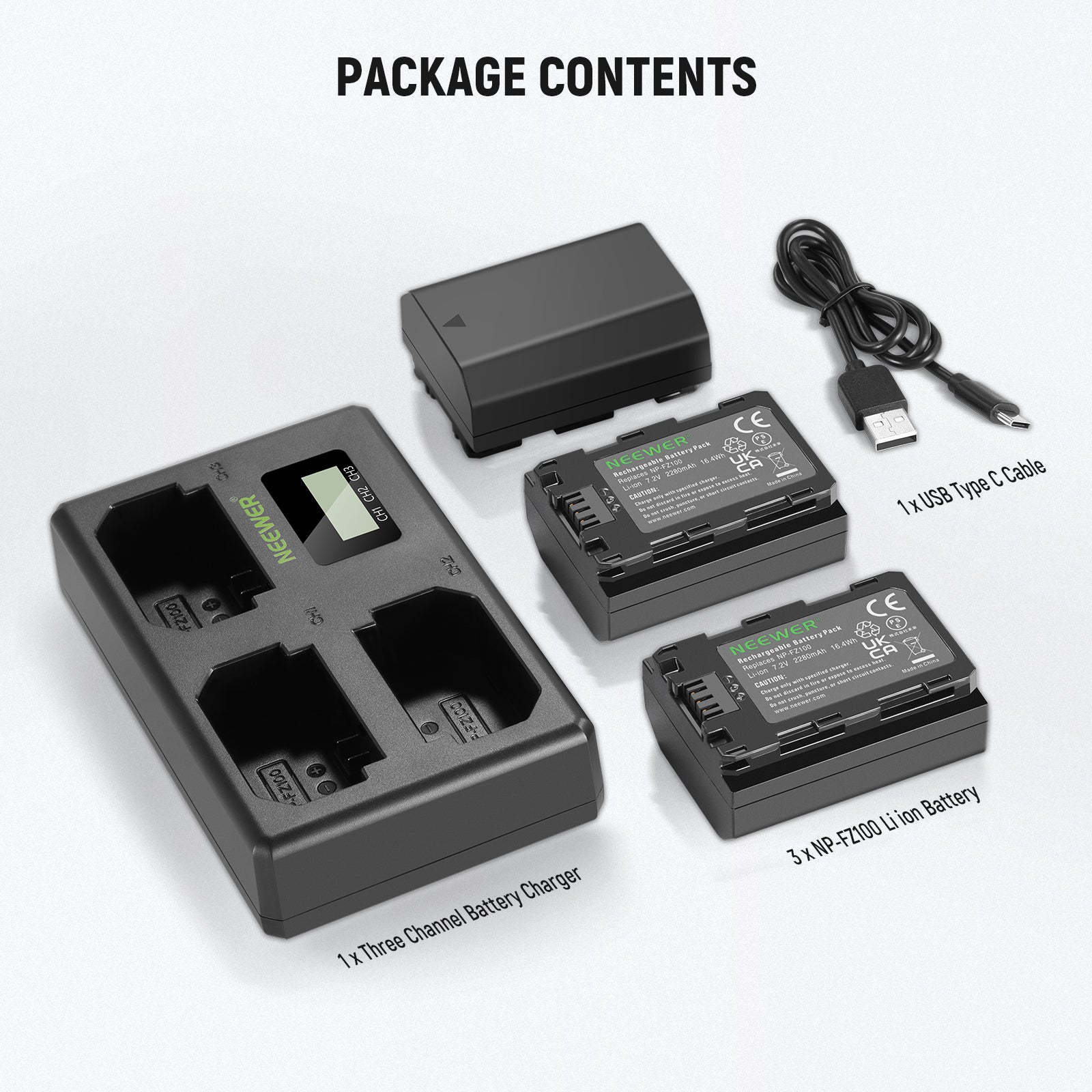 NEEWER 3-Pack NP-FZ100 Replacement Battery & Charger Set for Sony Mirrorless Cameras - Perfect for Travel, Vlogging, and Extended Photography Sessions