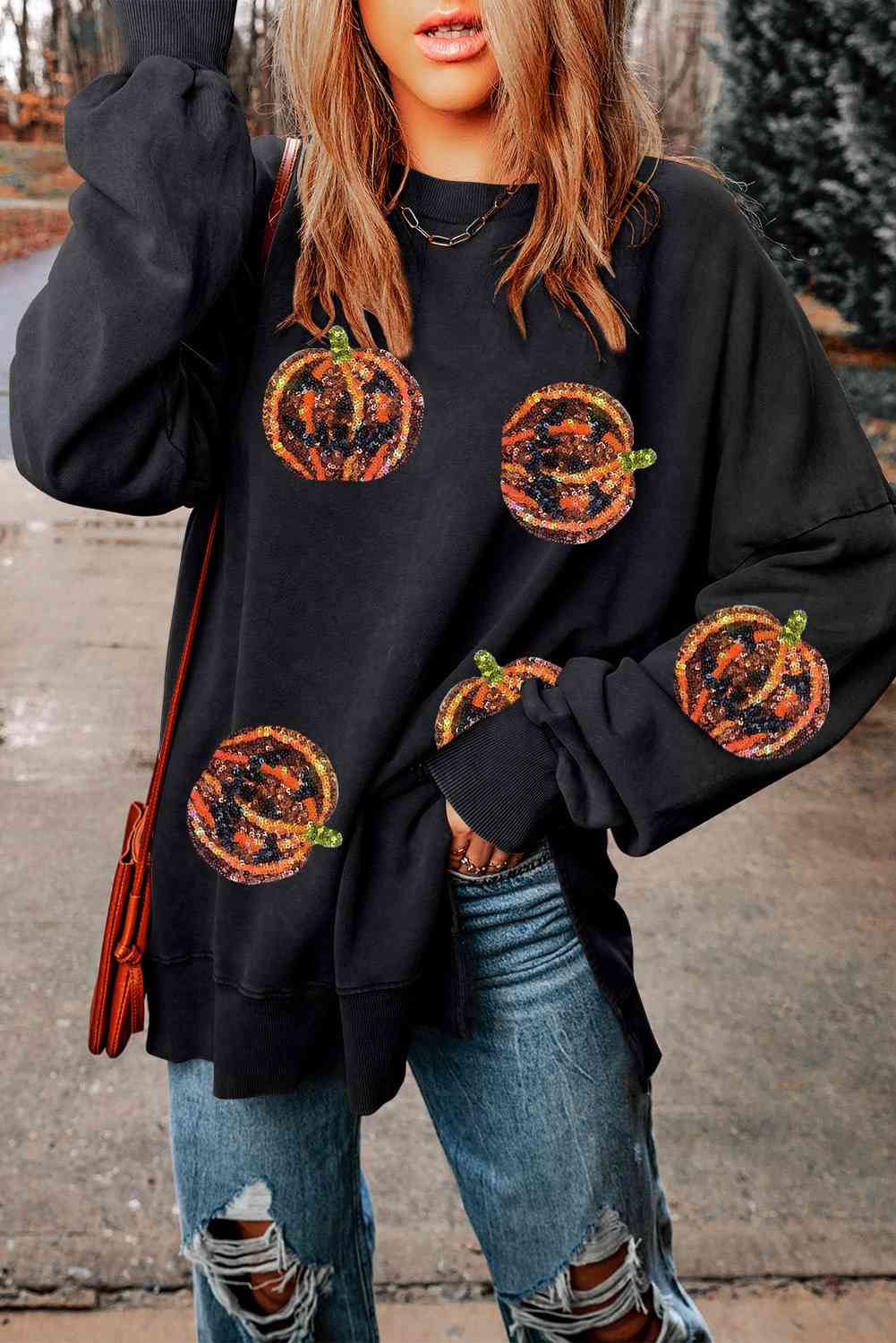 Stylish Pumpkin Print Oversized Drop Shoulder Sweatshirt | Cozy Fall Fashion for Women | Perfect for Halloween, Thanksgiving & Autumn Outfits