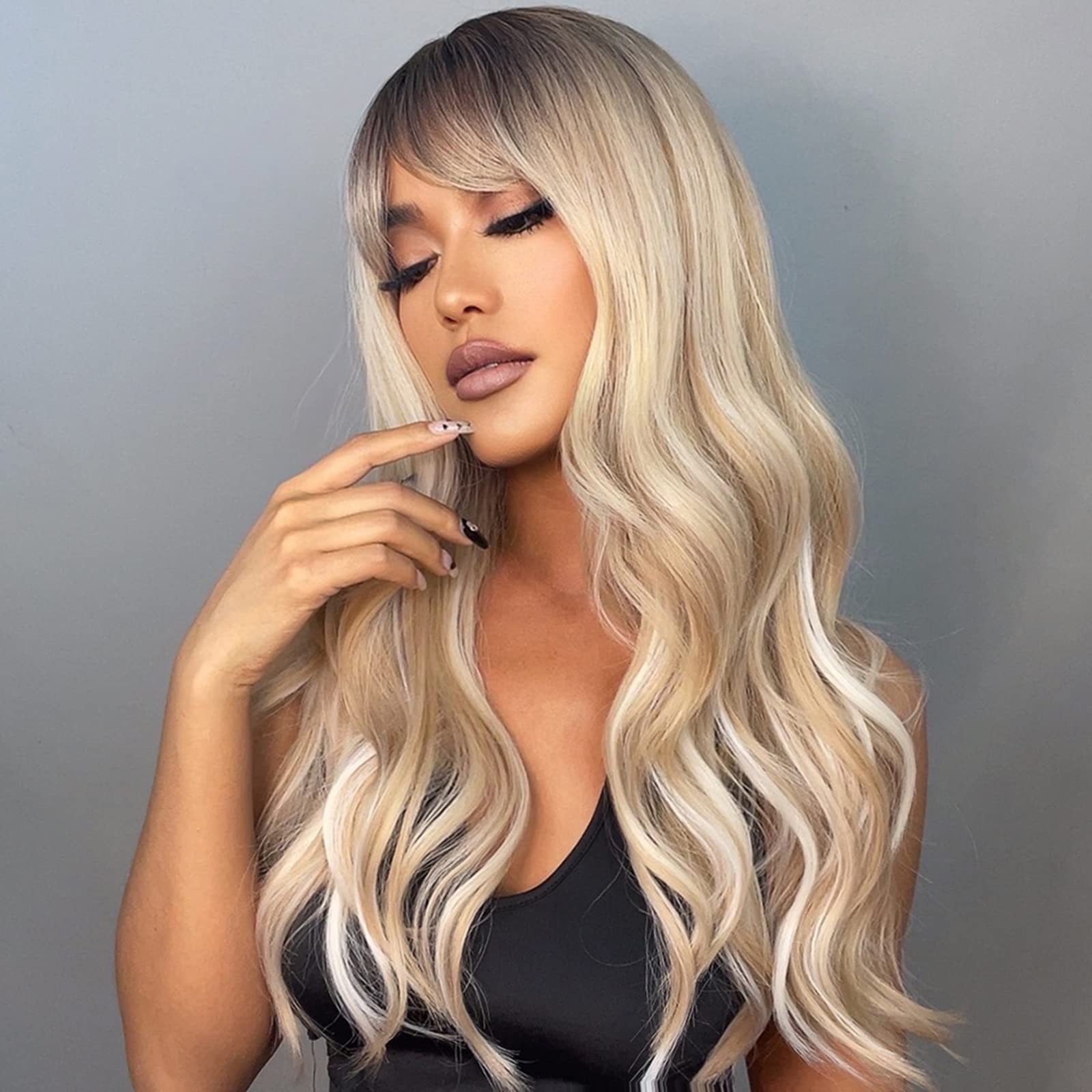 Long Wavy Synthetic Hair Wig with Bangs & Hair Net - Heat Resistant Curling Wig for Women, Cosplay, Party & Daily Use - Perfect for Halloween, Costume Events & Everyday Styling