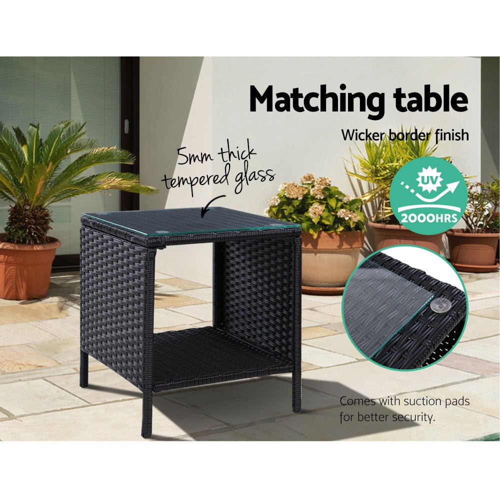 3 Piece Elise Outdoor Recliner Chair Set with Ottoman and Side Table - Patio Furniture for Backyard, Poolside, Garden Relaxation - Black