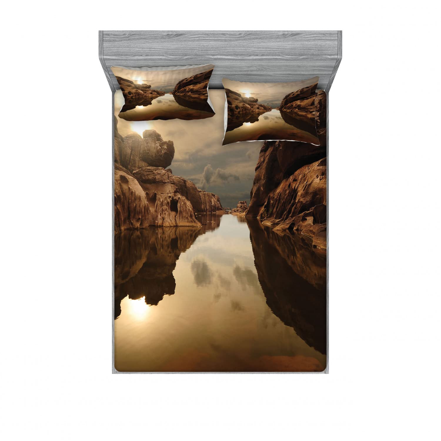 Ambesonne 2-Pack Queen Size Fitted Sheet Set with 4 Pillow Shams - Sunrise Rocks Sky Lake Nature Design, Multicolor Bedding Decor for Master Bedroom, Guest Room & Vacation Homes