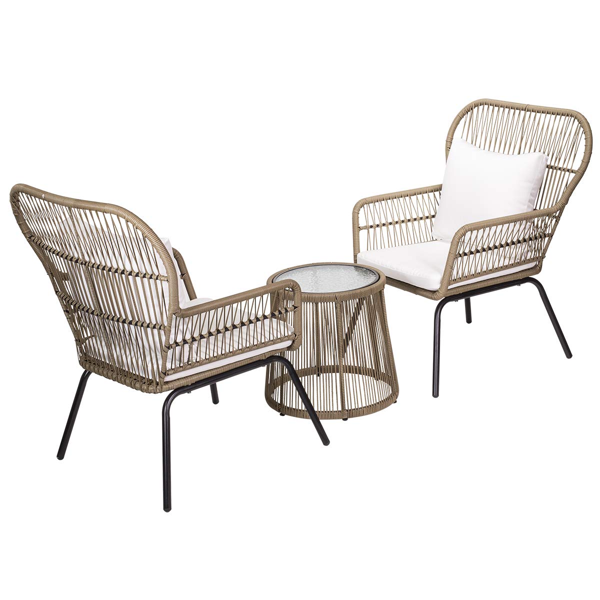 Barton 3-Piece Outdoor Bistro Set with Glass Table - Beige Wicker Rattan Patio Furniture for Garden, Balcony & Poolside Dining | Modern Conversation Seating for Backyard, Terrace & Cafe Style Decor