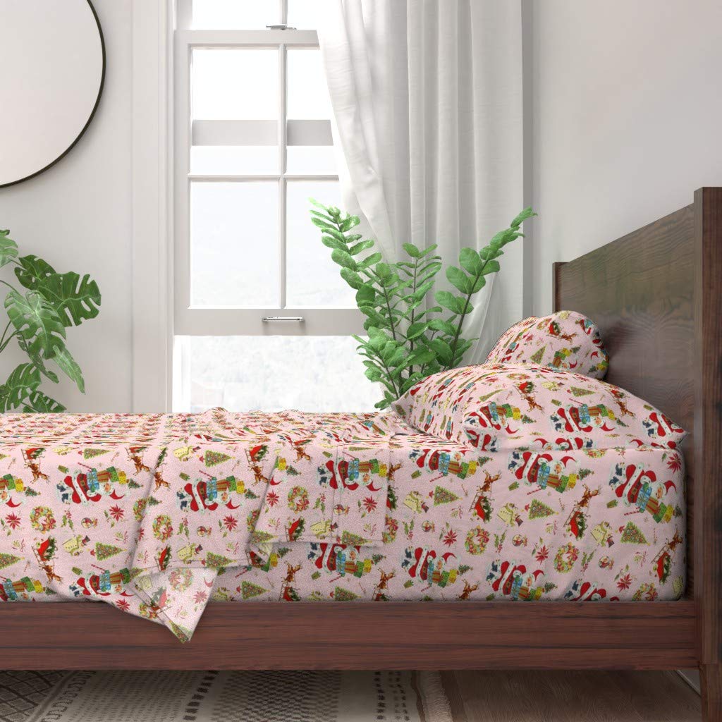 Vintage Christmas Santa Holiday Sleigh Wreath Print 100% Cotton Queen 4-Piece Sheet Set | Soft & Breathable Bedding for Cozy Winter Nights | Perfect for Holiday Decor & Guest Room Comfort