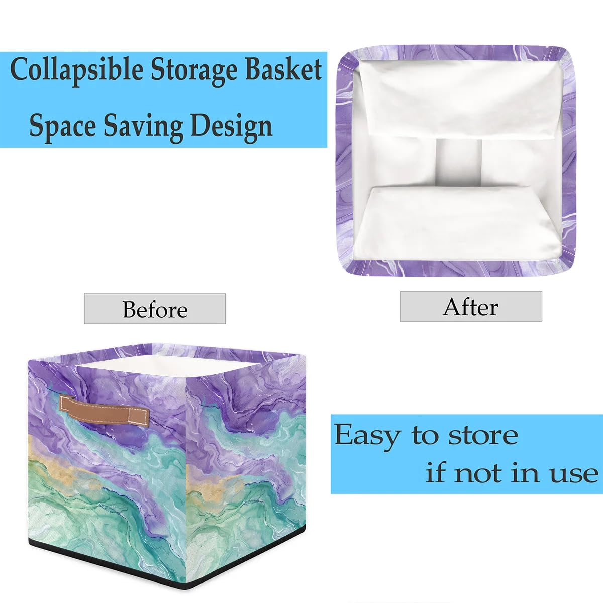13 Inch Collapsible Storage Basket with Leather Handle - Foldable Organizer Bin for Closet, Shelves & Home Decor (Green & Purple) | Perfect for Bedroom, Bathroom & Office Organization