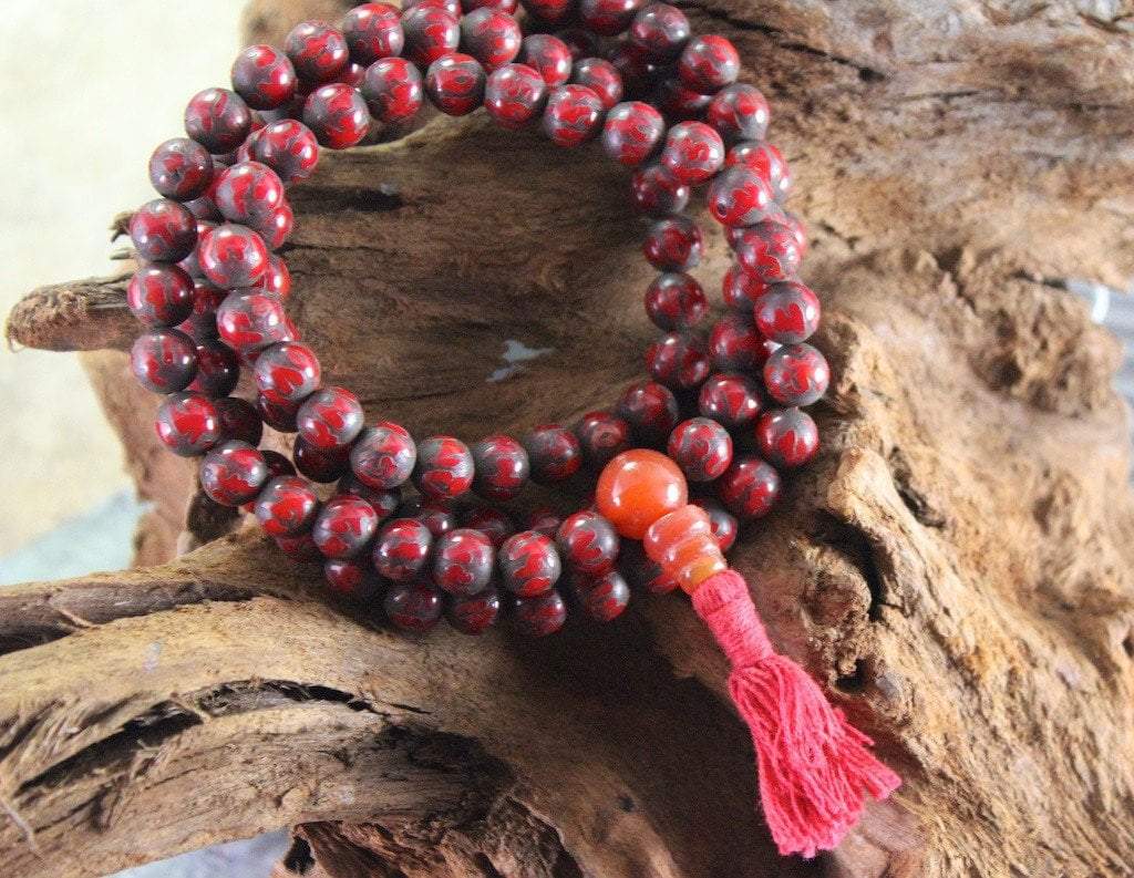 Hand Carved Red Naga Shell Mala Prayer Beads - 108 Buddhist Meditation Beads for Yoga, Mindfulness & Spiritual Practice