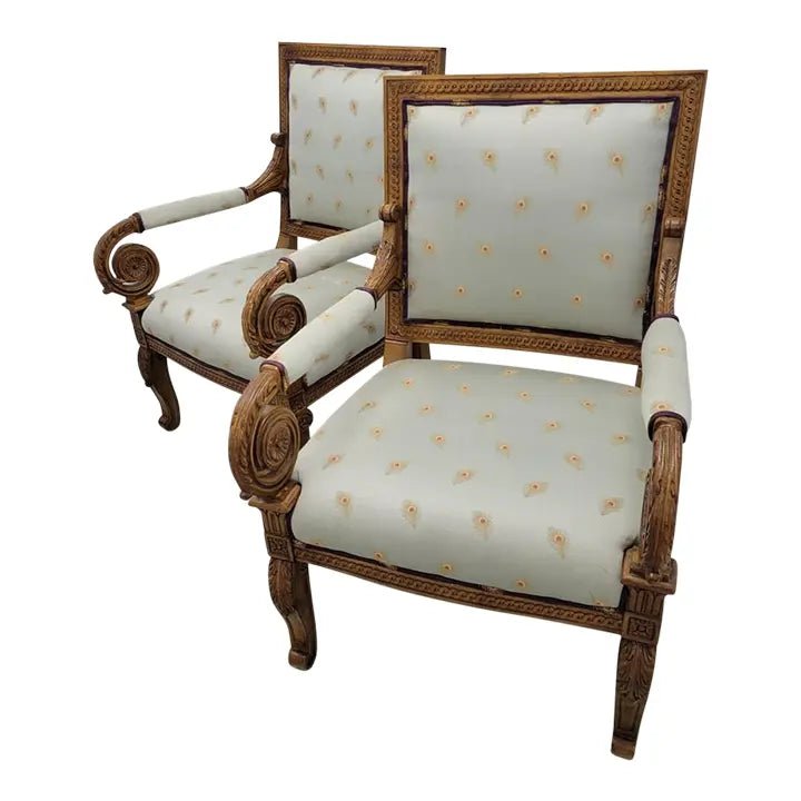 Vintage Sherrill Hand Carved Upholstered Hollywood Regency Dining Armchairs - Elegant Wooden Dining Room Chairs for Formal Dinner, Wedding, and Luxury Home Decor