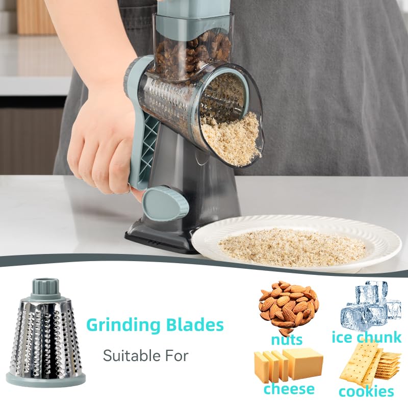 Rotary Cheese Grater with Handle - 3 Interchangeable Blades for Shredding Cheese, Vegetables, Nuts & Chocolate - Perfect for Kitchen, Salad Prep & Baking Needs