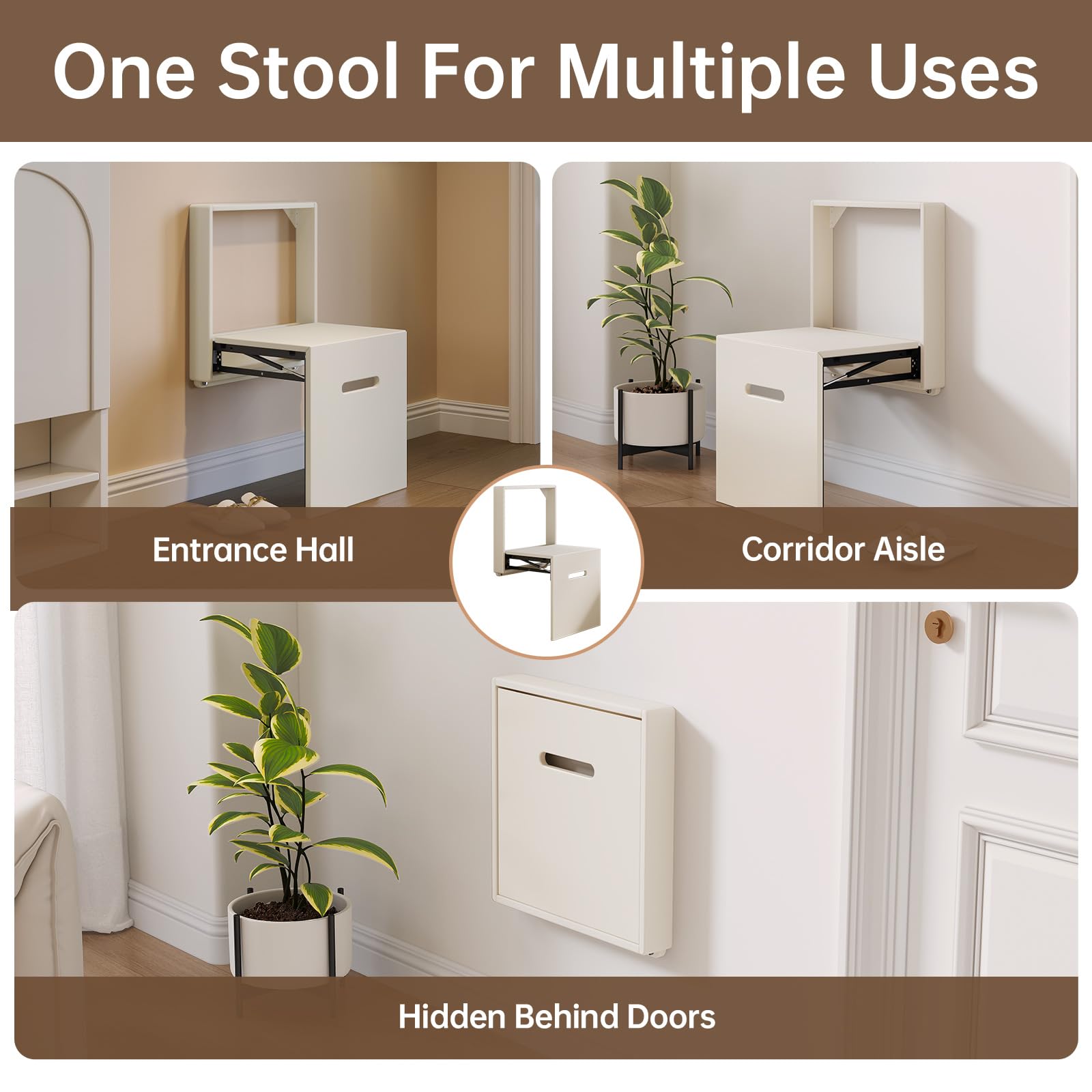 Wall Mounted Folding Chair - Space Saving Foldable Stool for Entryway, Bathroom & Hallway - 330lbs Weight Capacity - White Hidden Seat for Shoe Changing & Compact Living