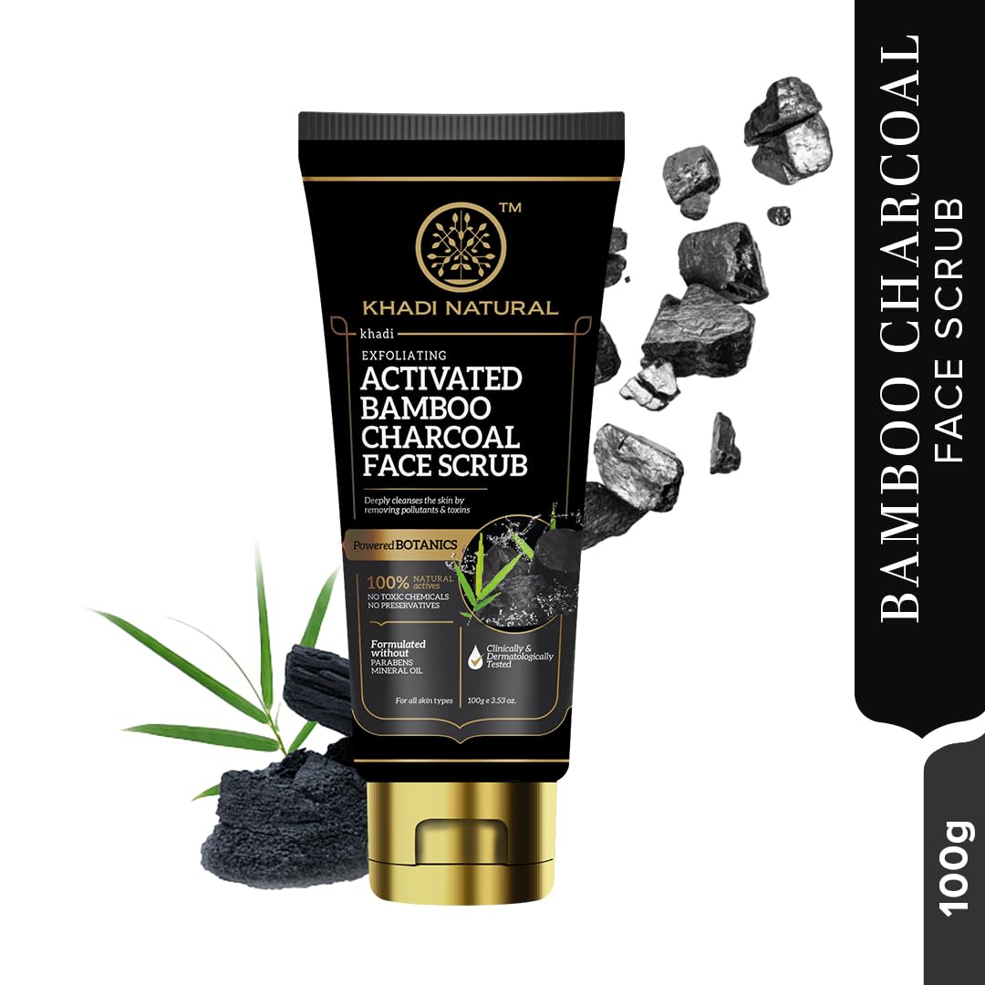 Khadi Natural Activated Bamboo Charcoal Face Scrub - Exfoliating & Deep Cleansing for Acne, Blackheads & Oily Skin | Organic Botanicals | Perfect for Daily Skincare Routine & Spa Days